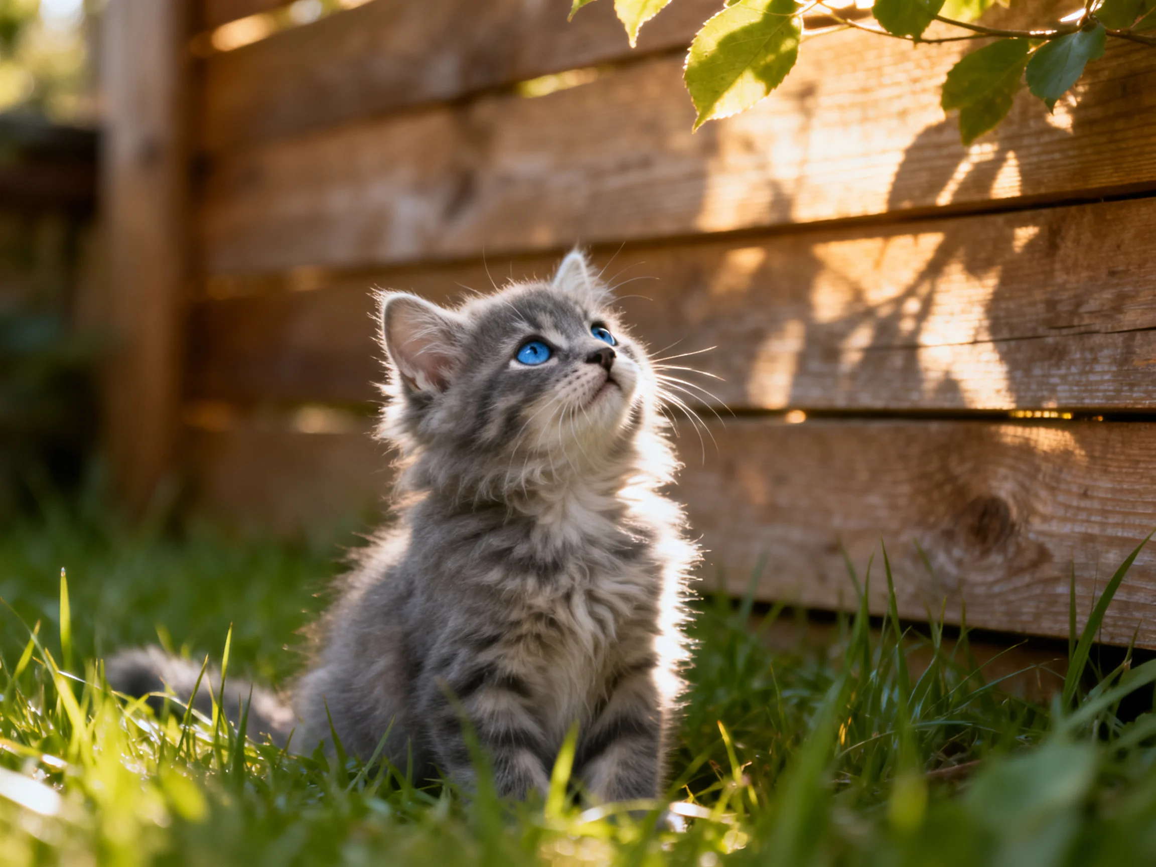 A gray kitten with blue eyes sits in grass by a wooden fence