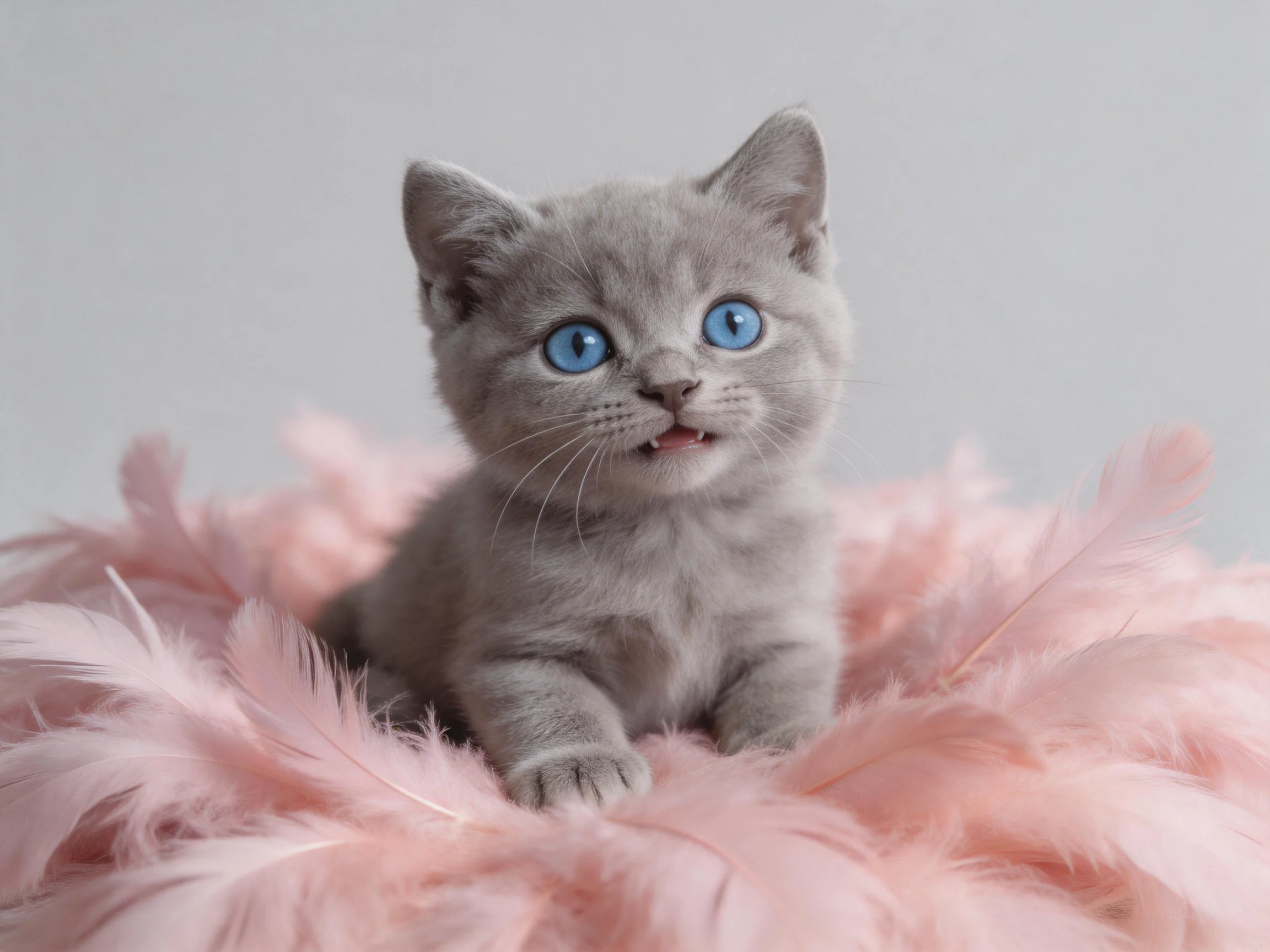 A gray kitten with blue eyes sits on pink feathers