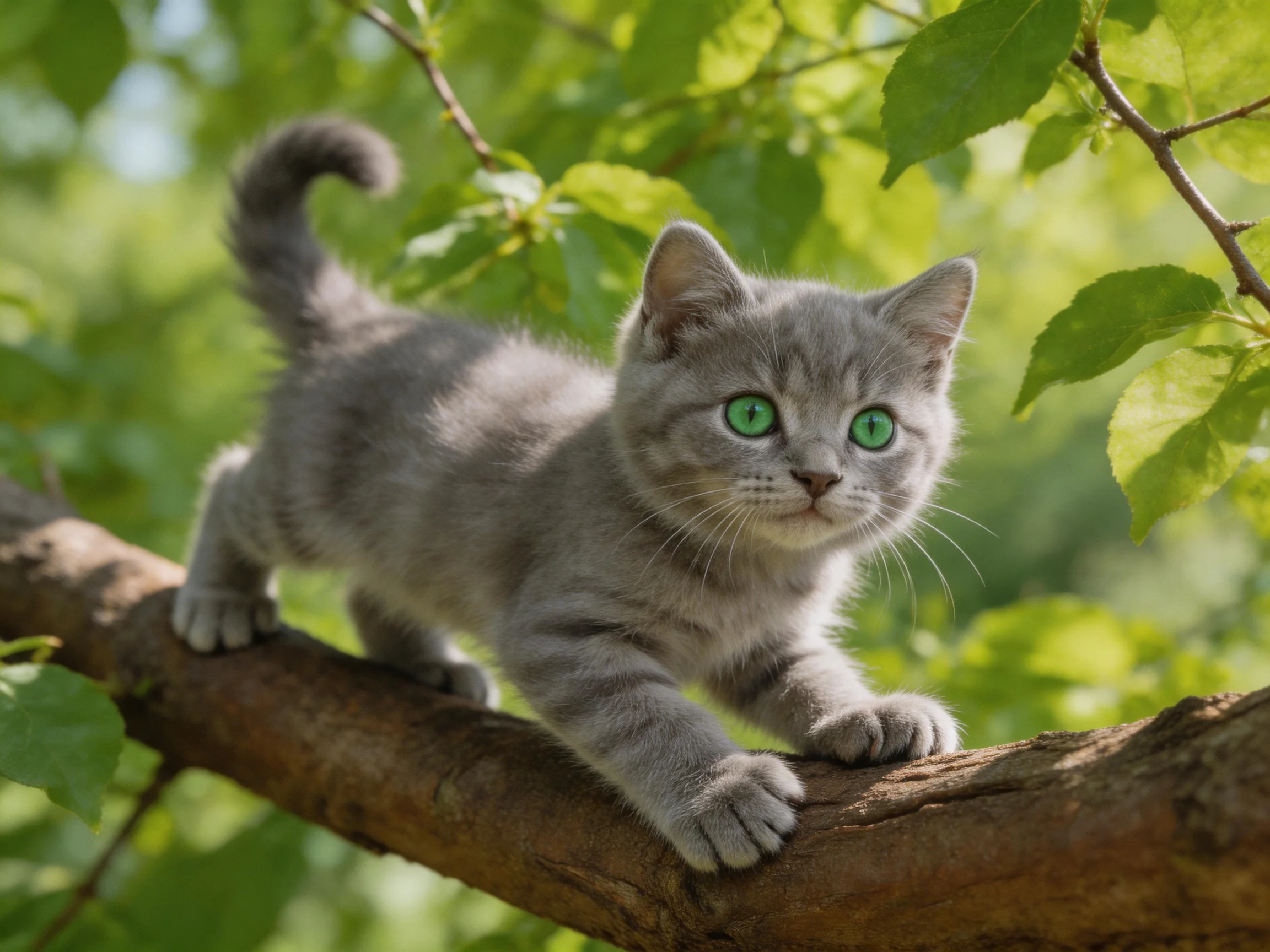A gray kitten with green eyes climbs a tree branch surrounded by green leaves.