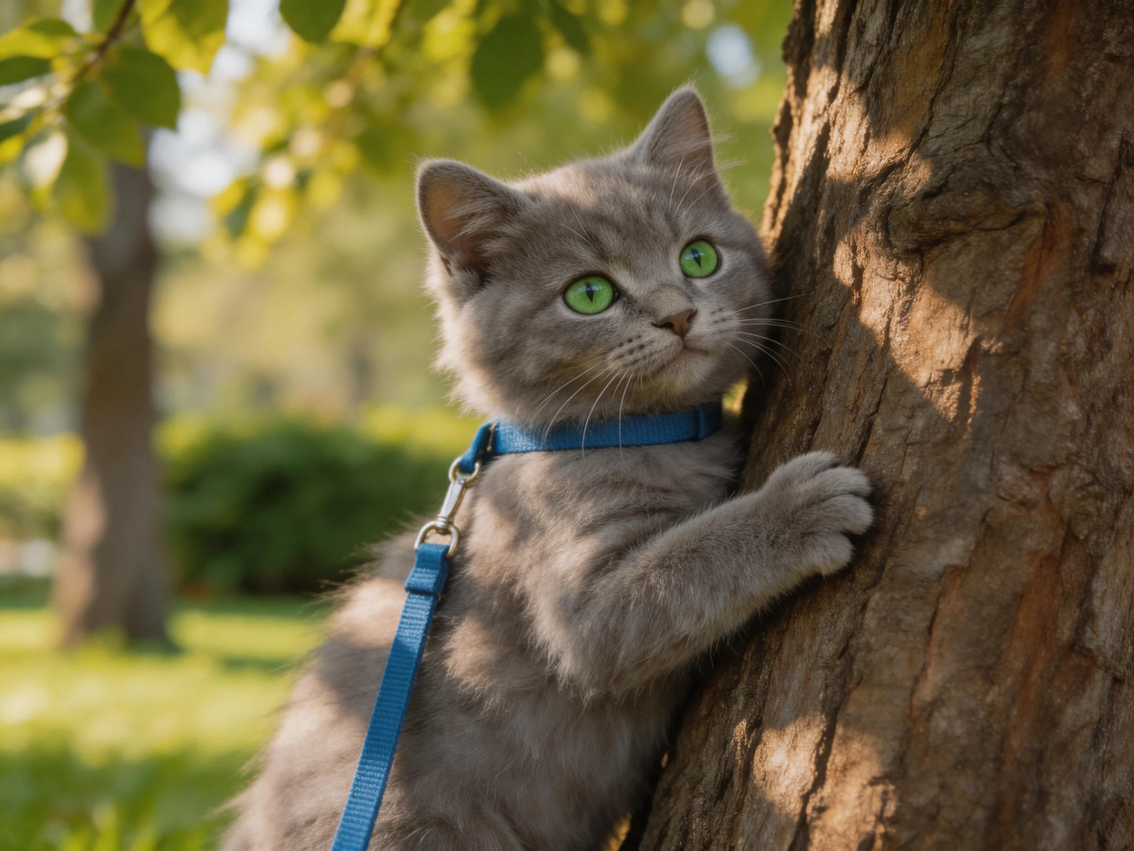 A gray kitten with green eyes climbs a brown tree outdoors.