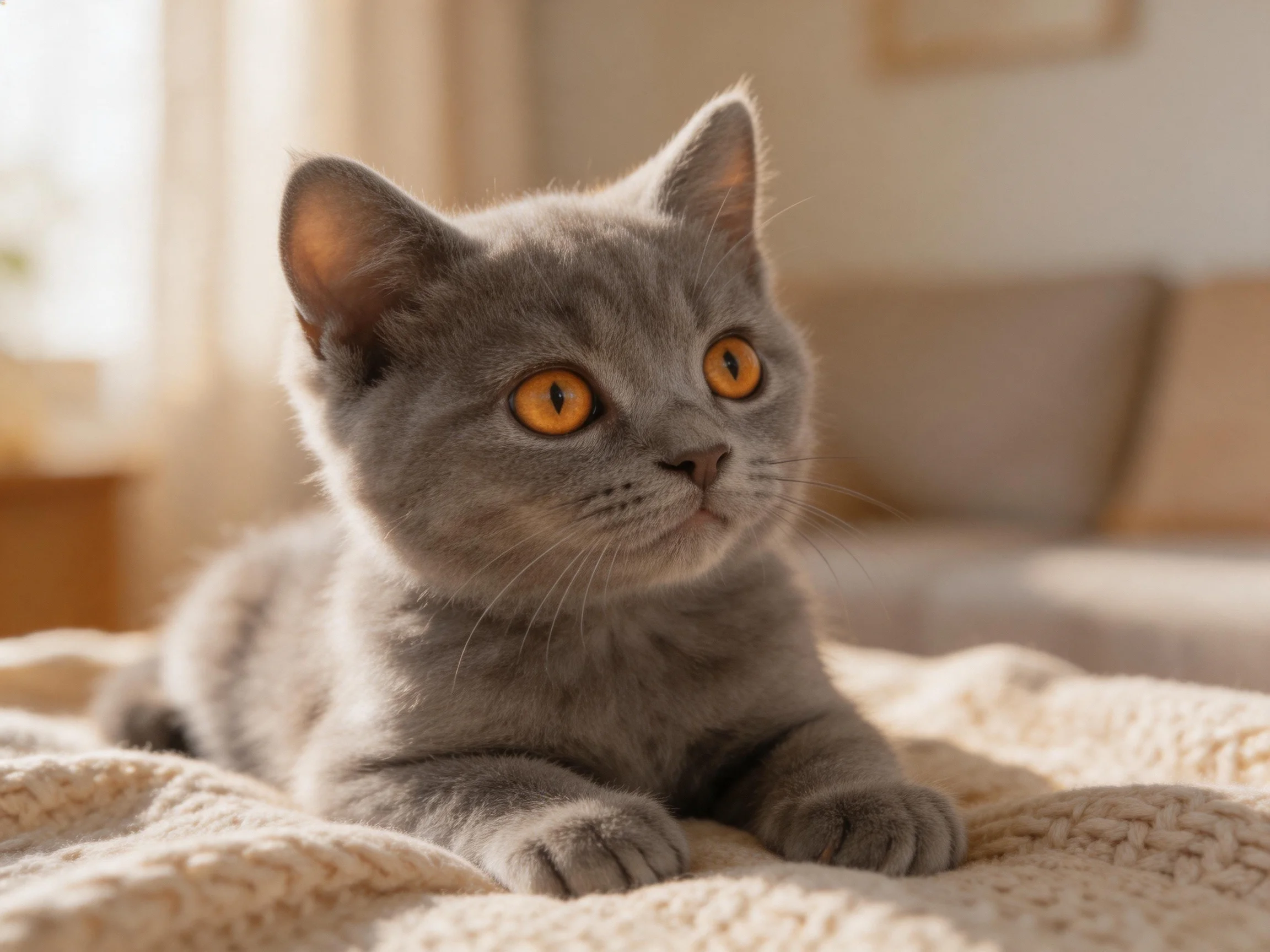 A gray kitten with orange eyes lies on a blanket in a sunlit indoor setting.