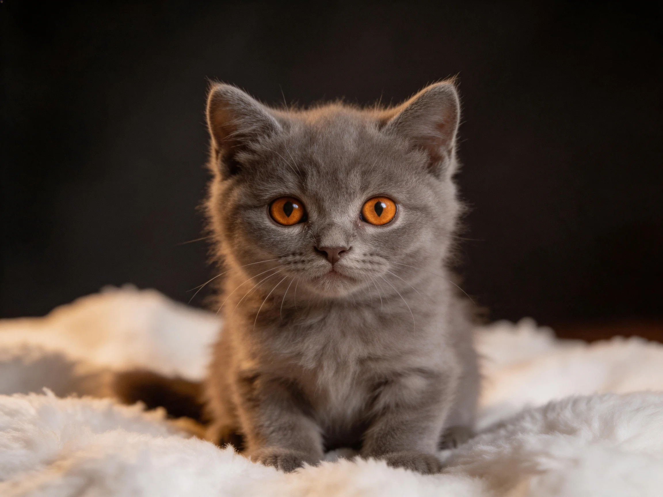 A gray kitten with orange eyes rests on a plush white blanket.