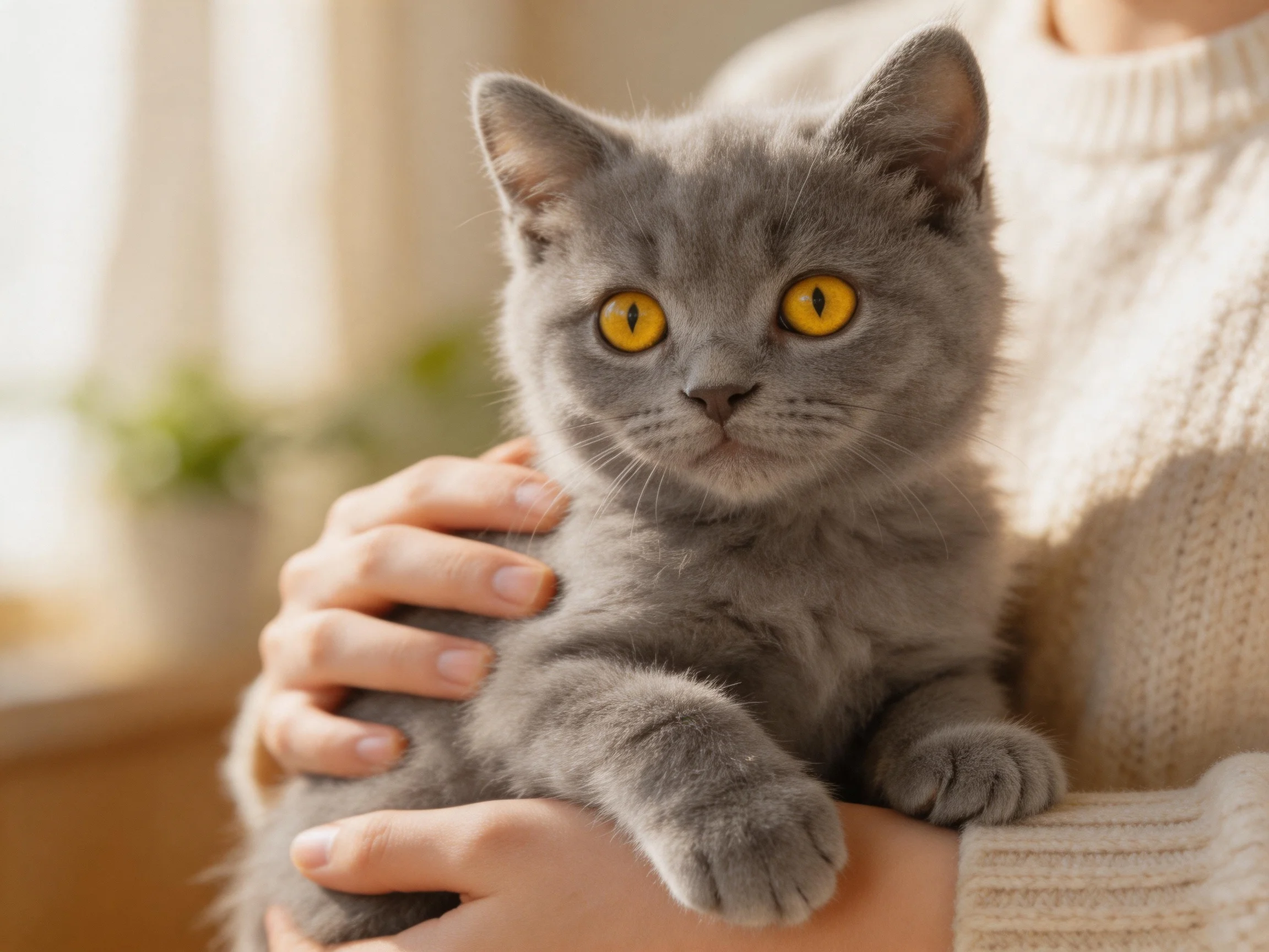 A gray kitten with bright yellow eyes is held by a person.