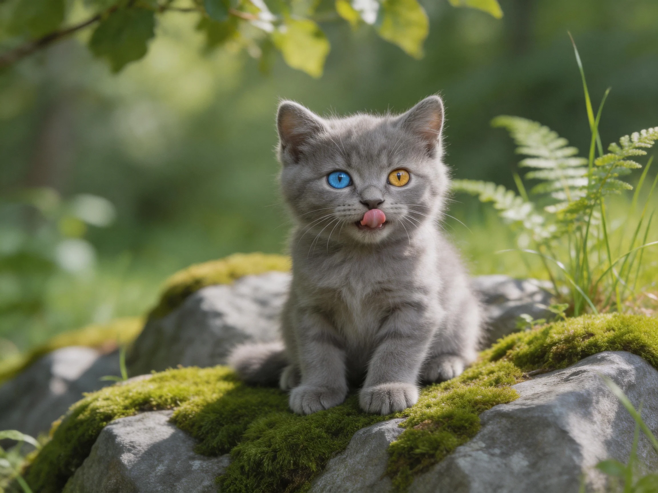 A gray kitten with two differently colored eyes rests on mossy rocks amid greenery.