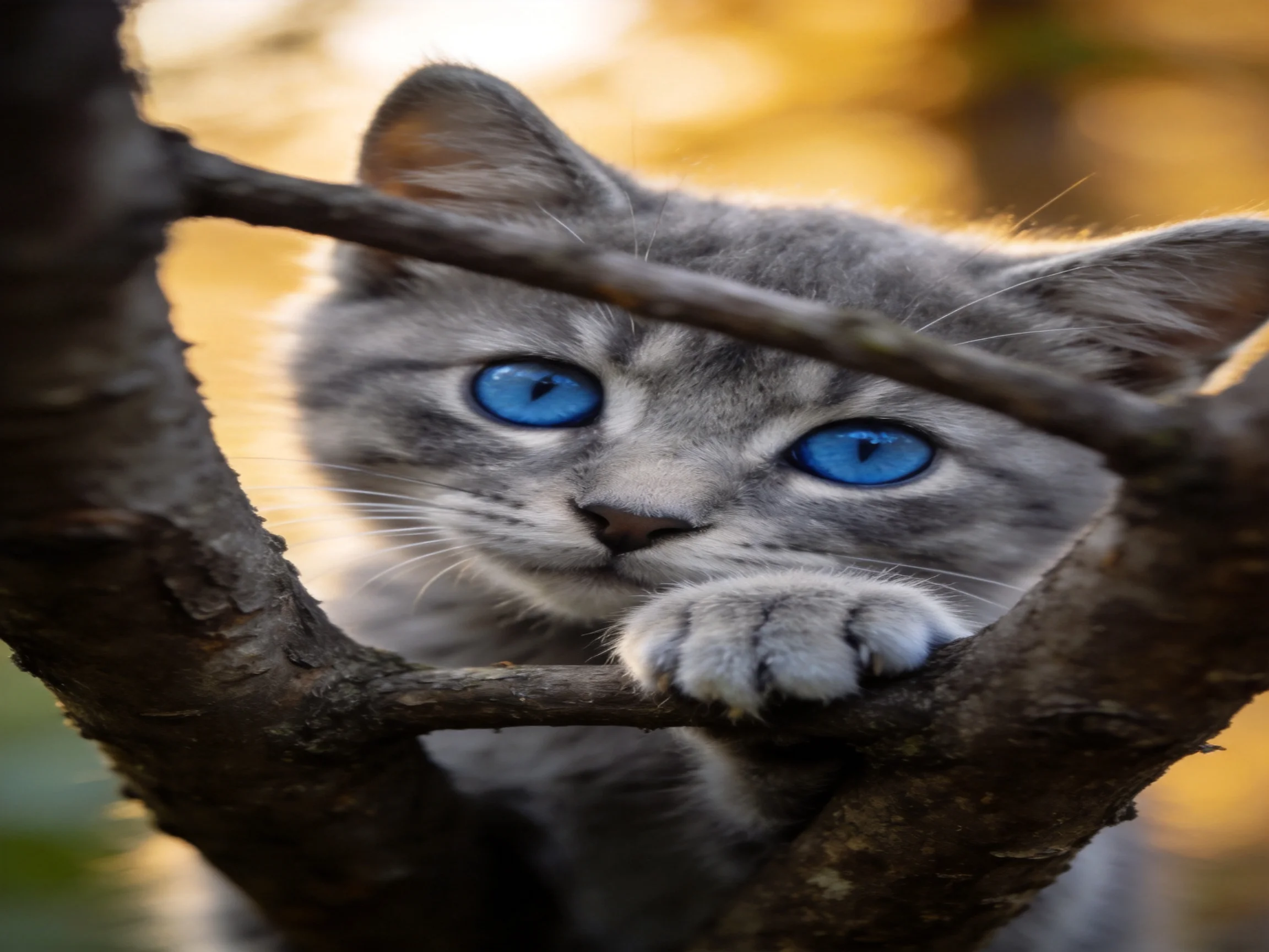 A gray kitten with bright blue eyes rests among tree branches.