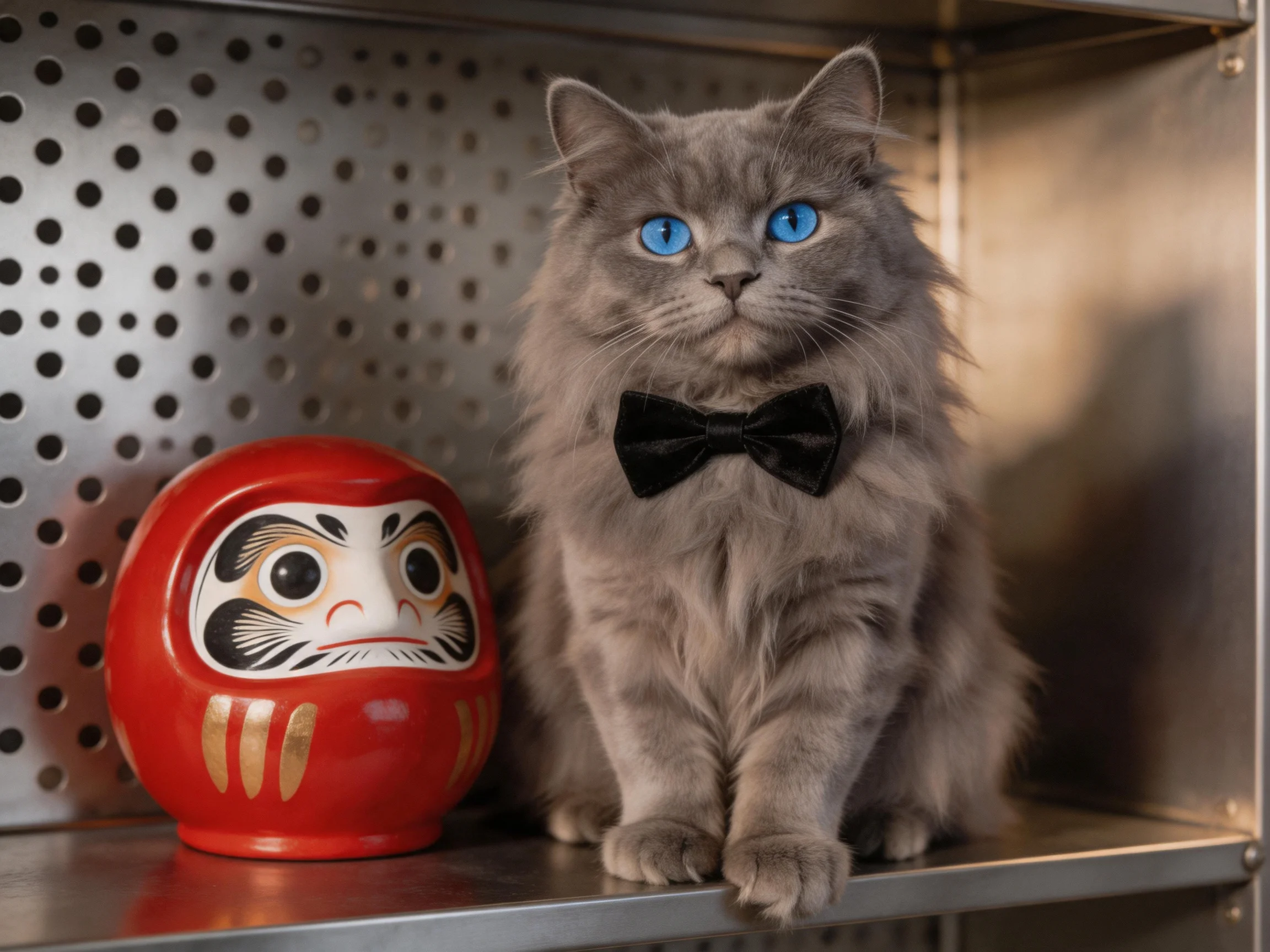 A gray long - haired cat with blue eyes sits beside a red Daruma doll on a metallic shelf