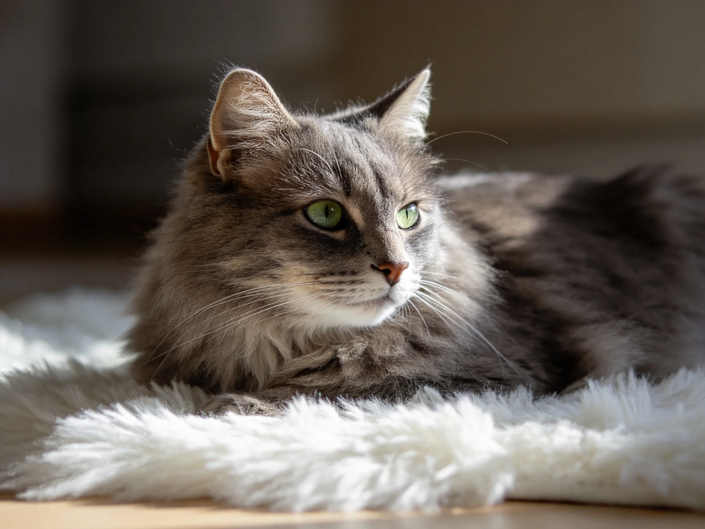 A gray cat with green eyes relaxes on a soft white rug indoors.