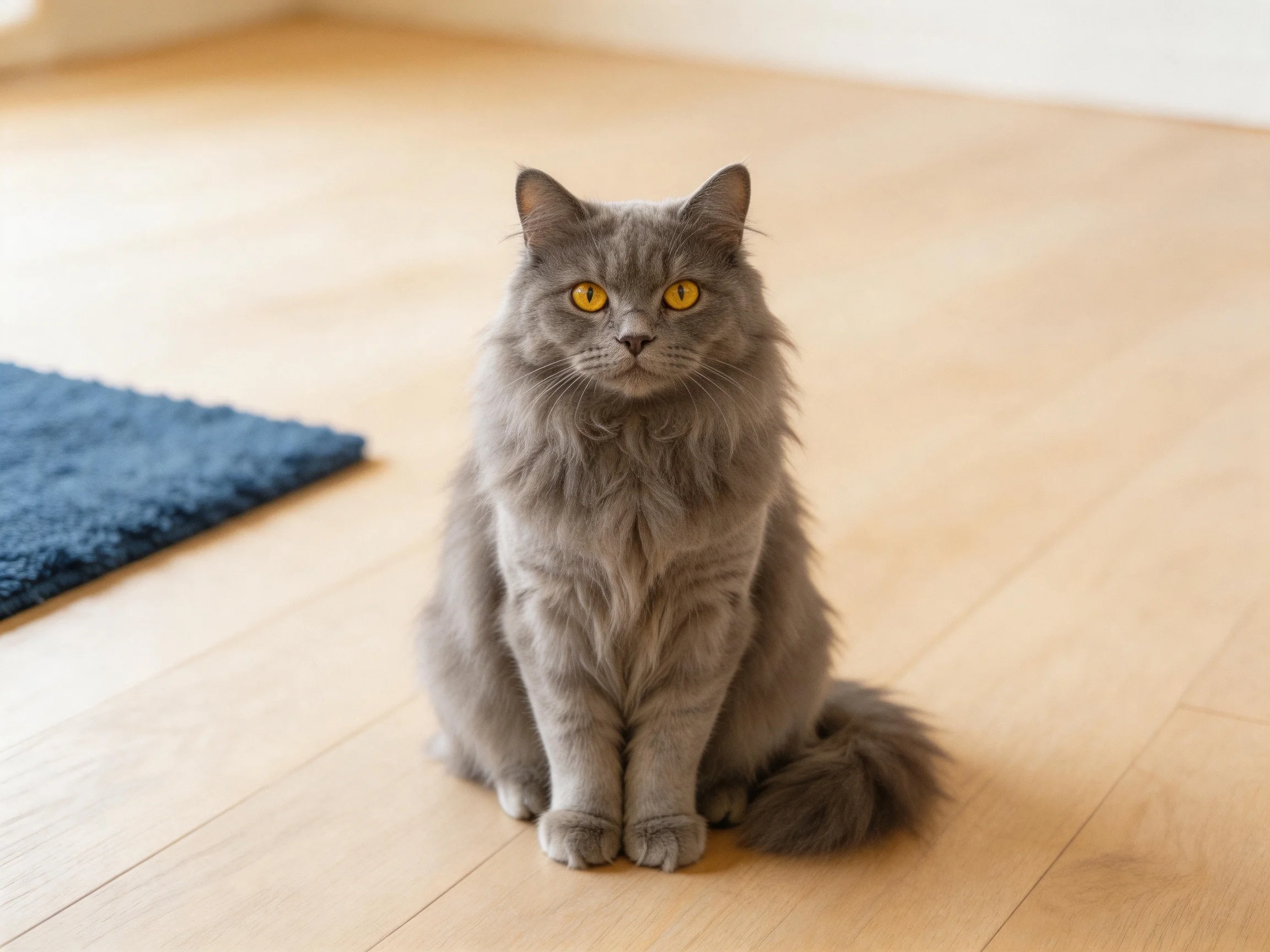 A gray long-haired cat sits on a wooden floor near a blue rug
