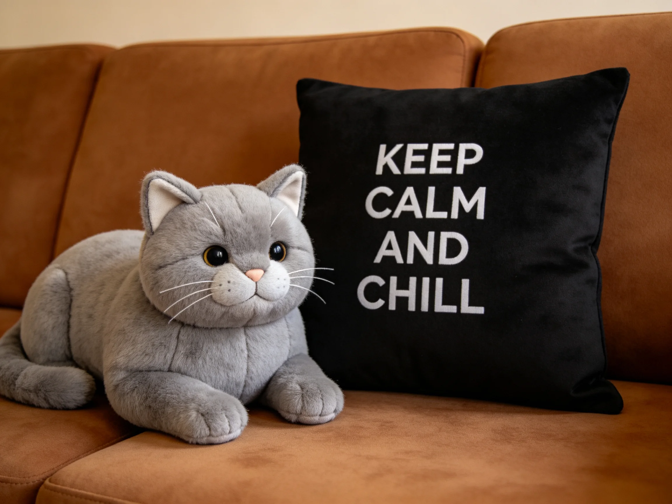 A gray plush cat and a black pillow rest together on a brown sofa.