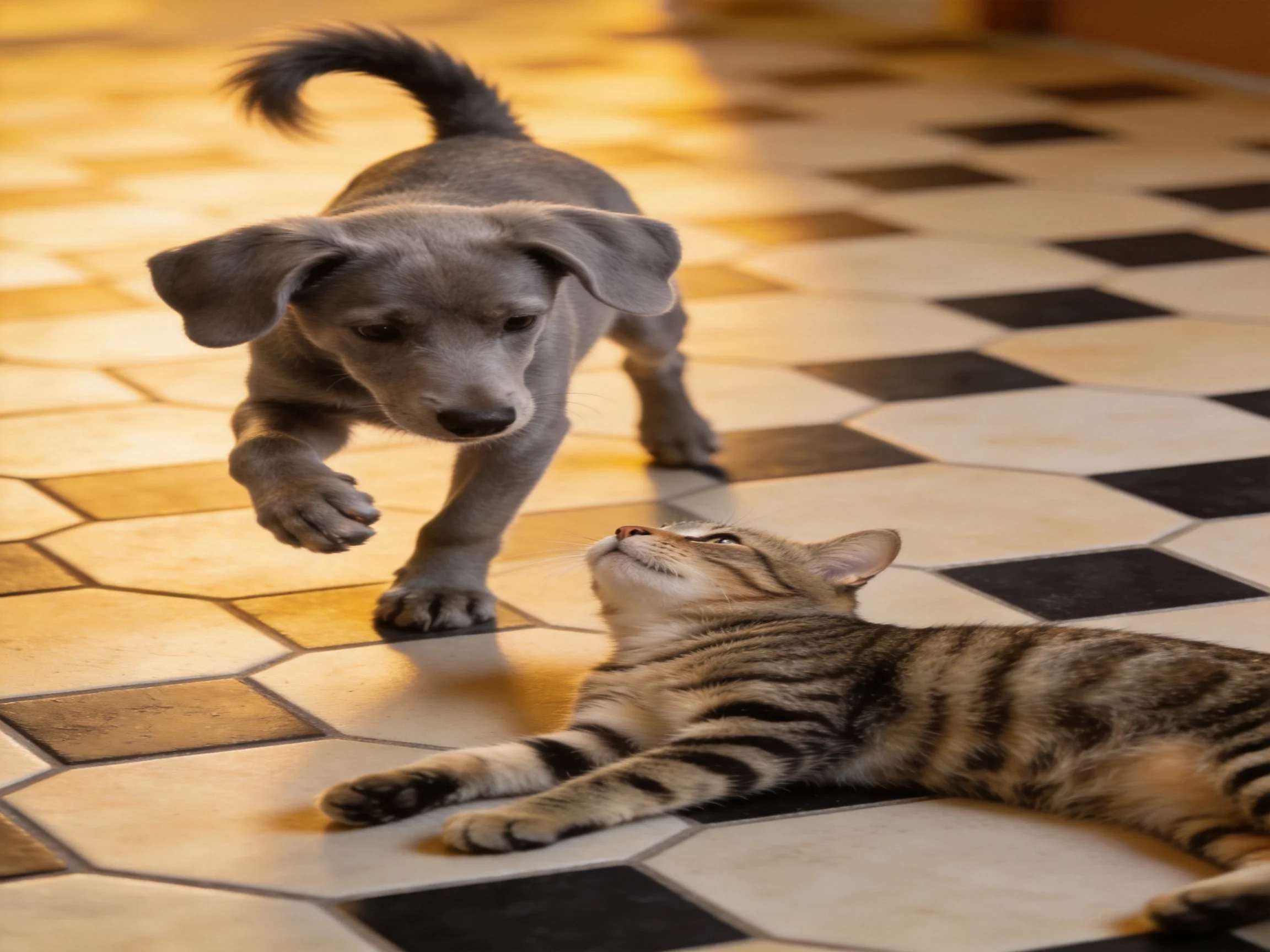 A gray puppy approaches a striped cat on a patterned tile floor