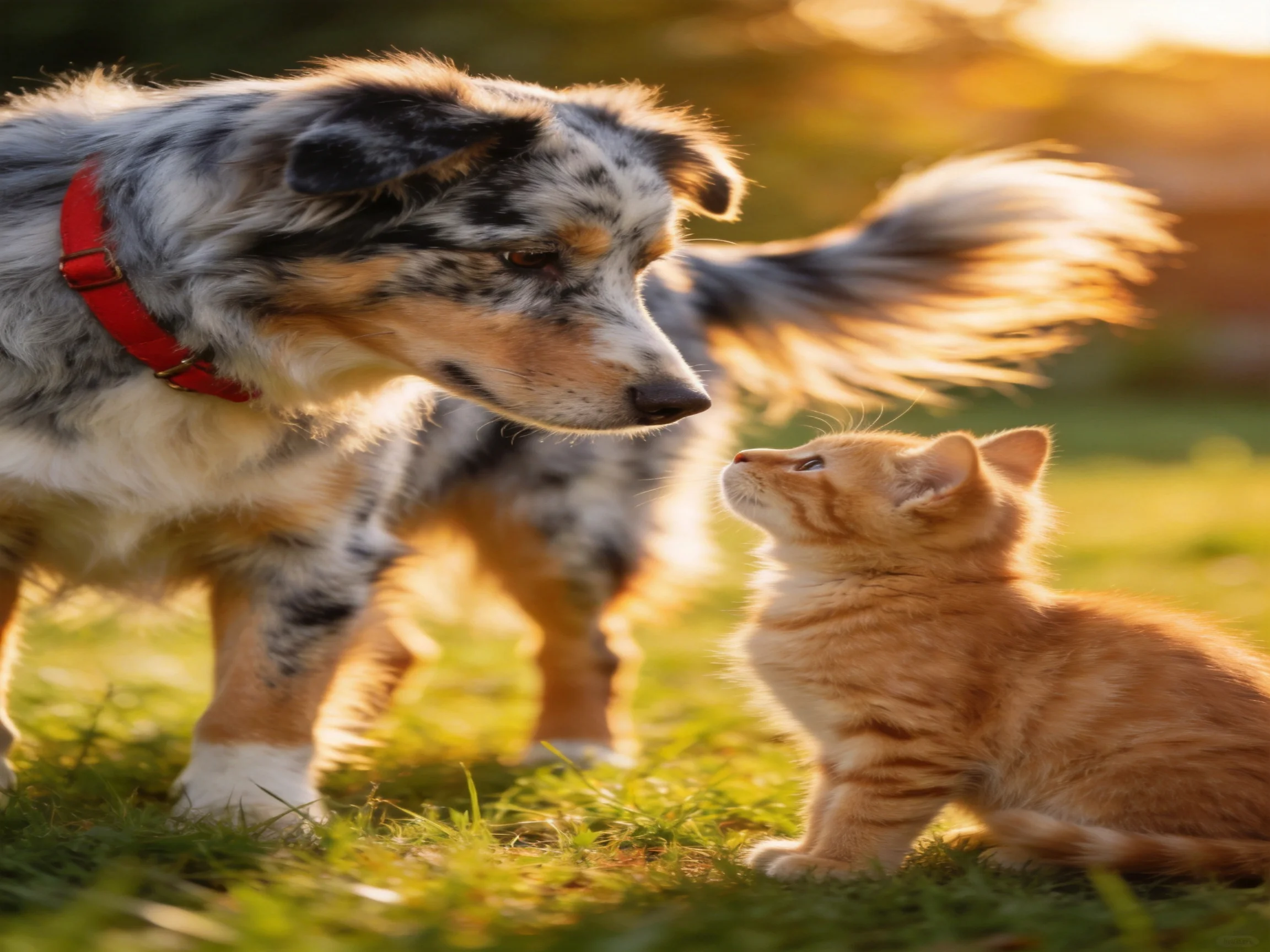 A gray-speckled dog and an orange kitten look at each other in a sunlit garden.