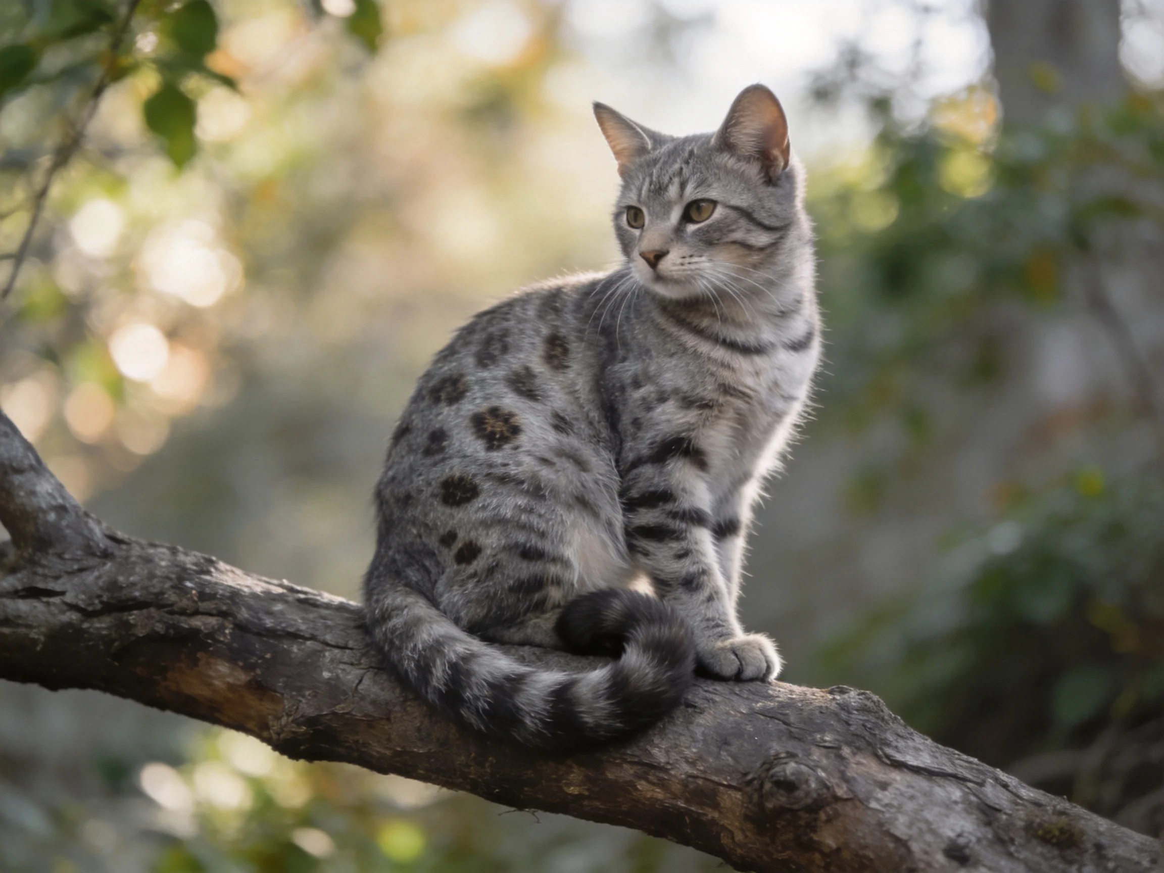 A gray-spotted cat perches on a thick tree branch in a sunlit forest