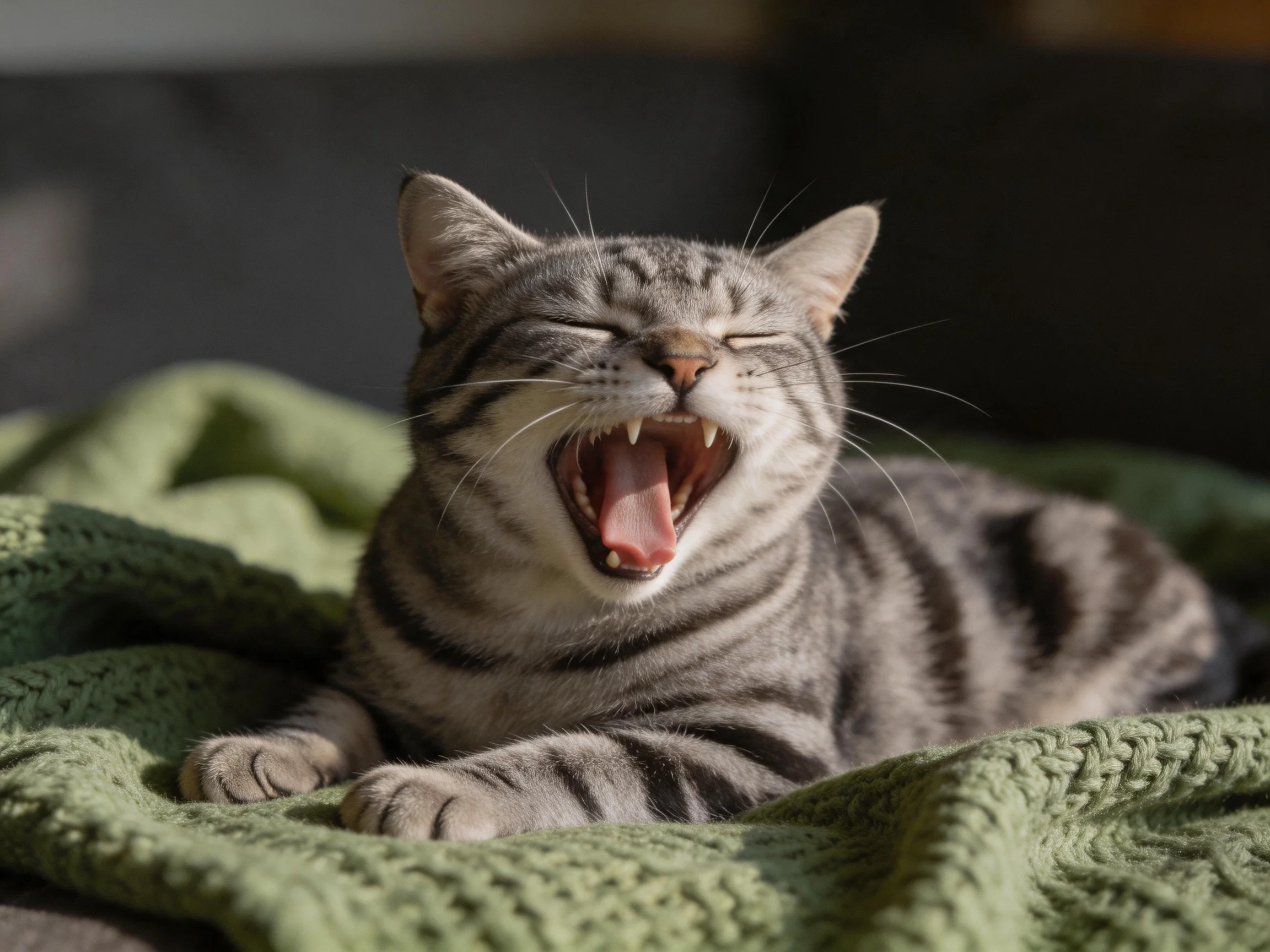 A gray striped cat yawning on a cozy green blanket