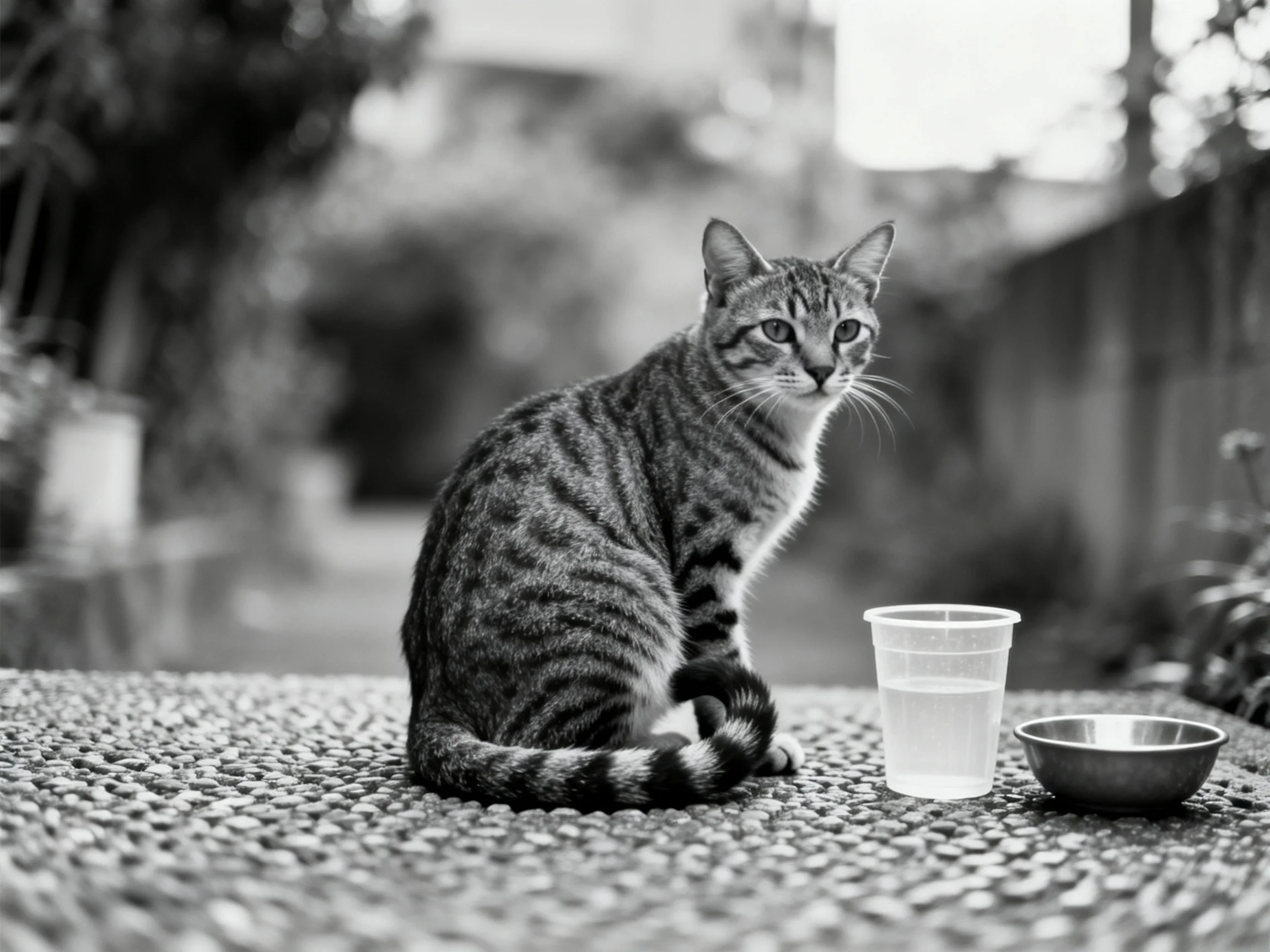 A gray-striped tabby cat sits near a plastic cup and metal bowl on a gravel path