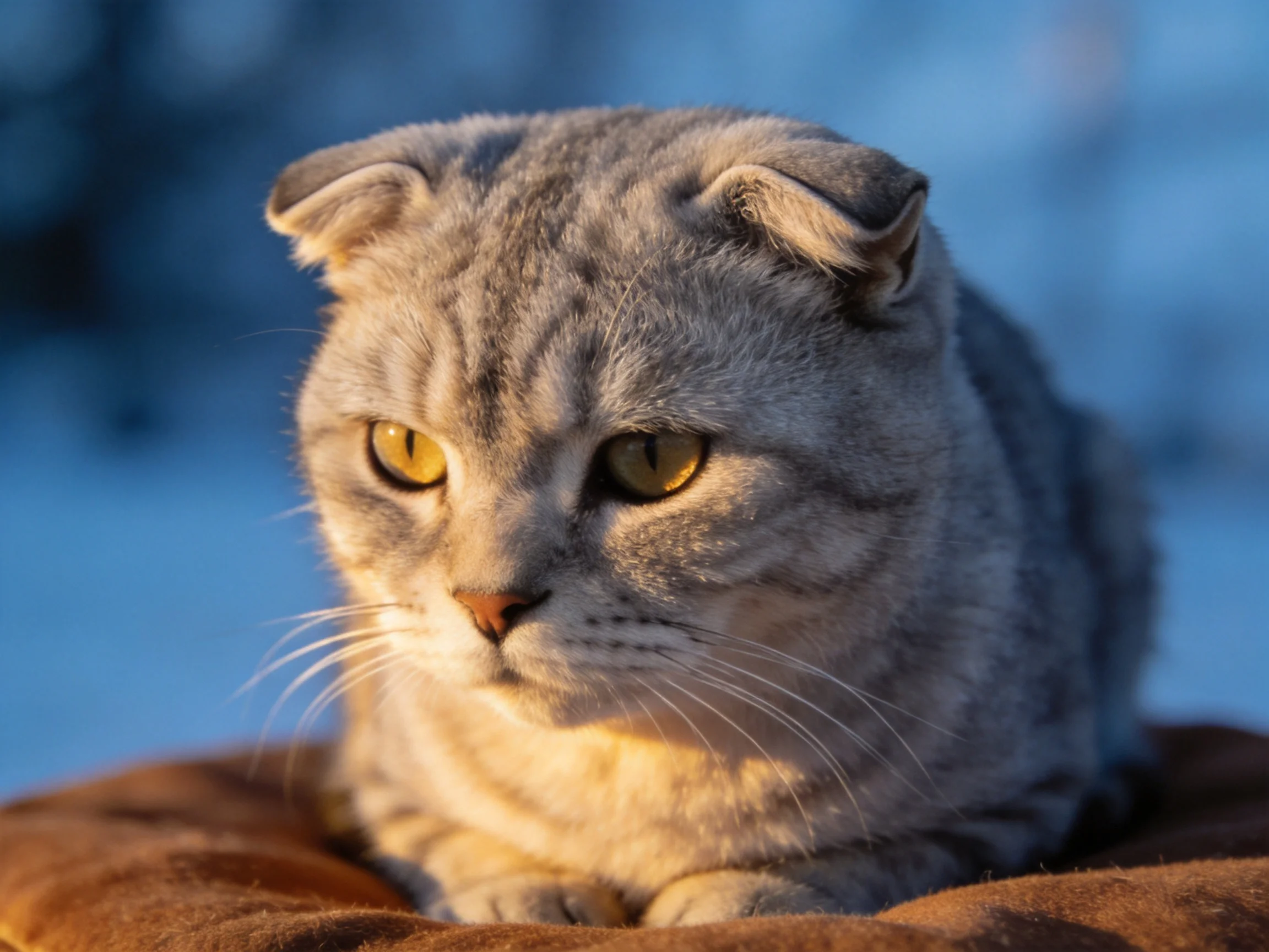 A gray tabby Scottish Fold resting on a brown cushion in soft outdoor light