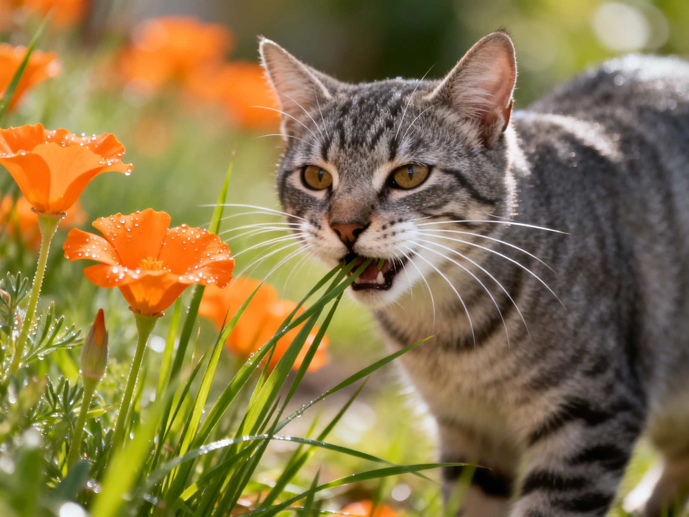 A gray tabby cat explores bright orange flowers in a sunlit garden.
