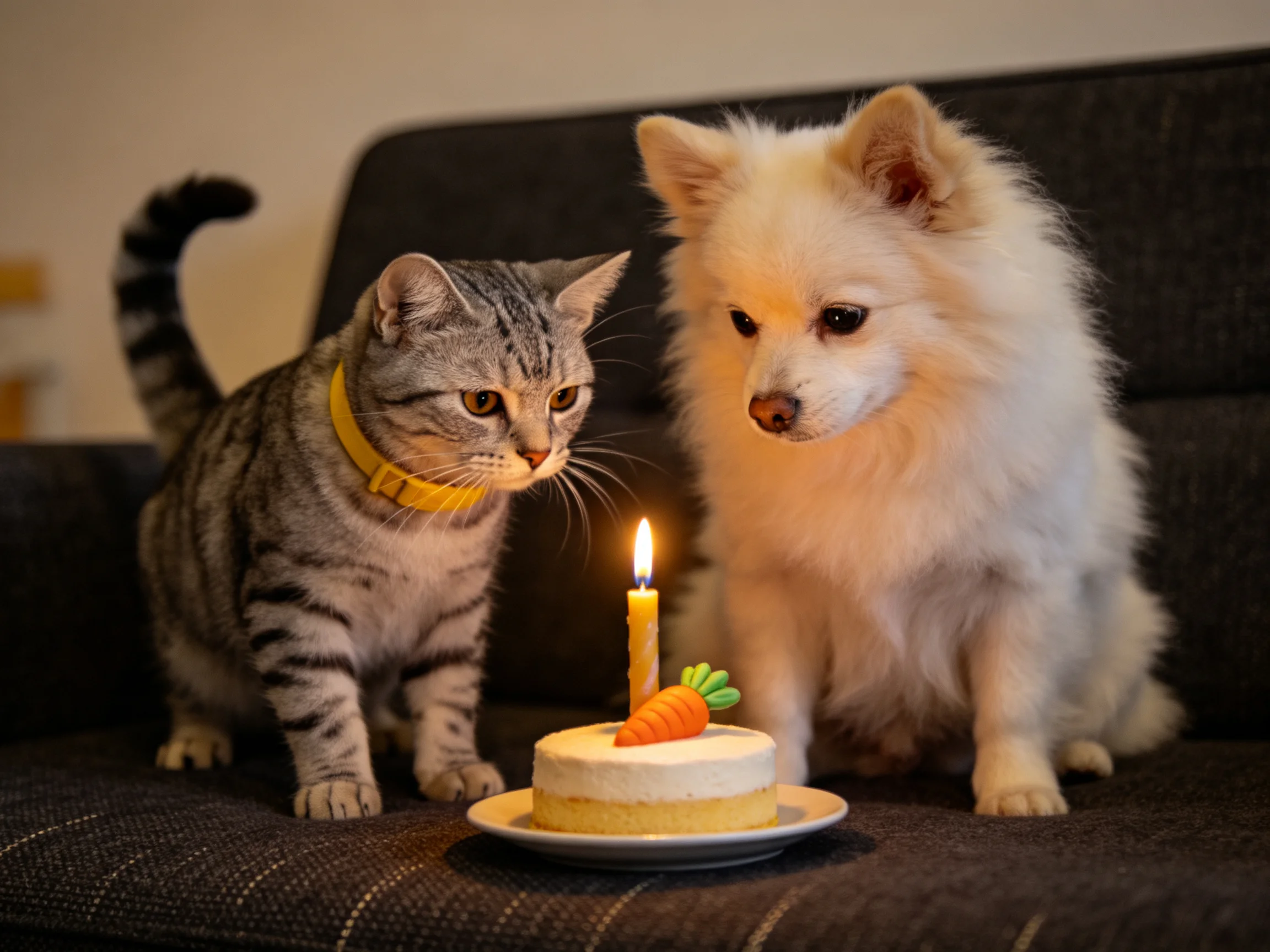 A gray tabby cat and white Pomeranian examine a small birthday cake