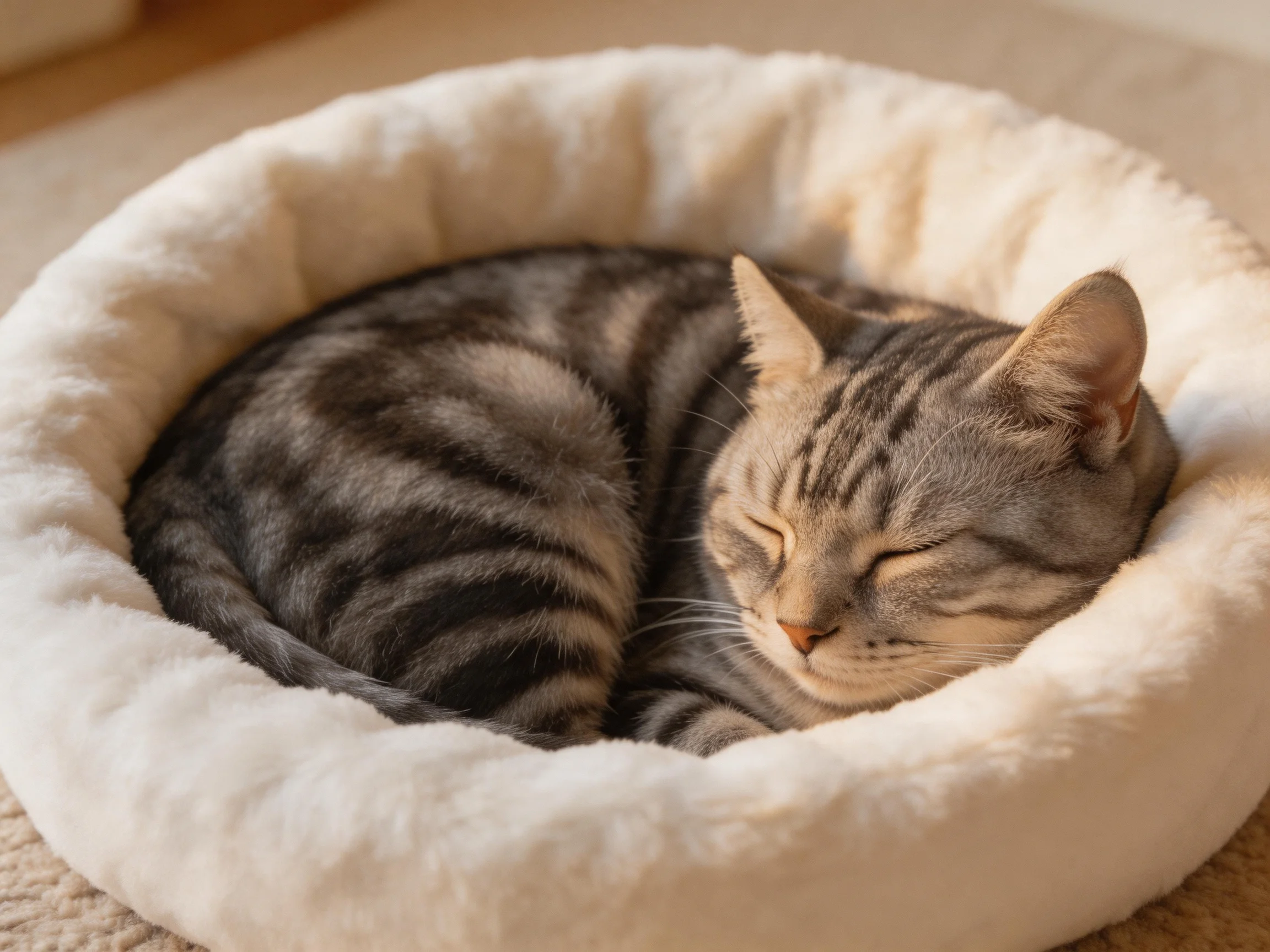 A gray tabby cat curls in a plush white pet bed