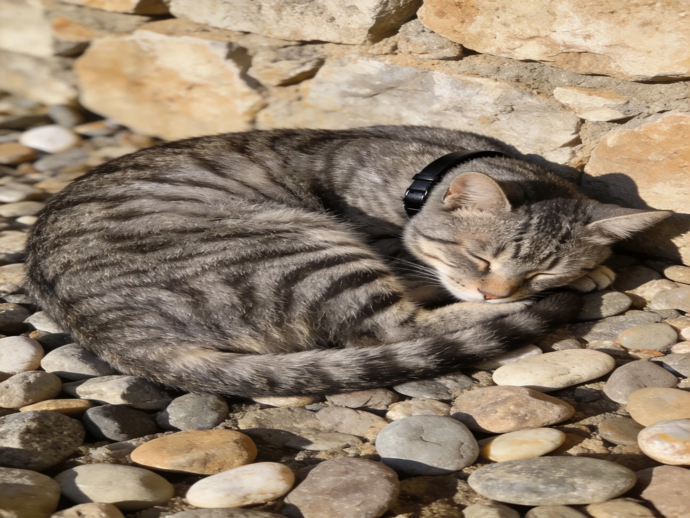 A gray tabby cat curls on smooth pebbles beside a stone wall