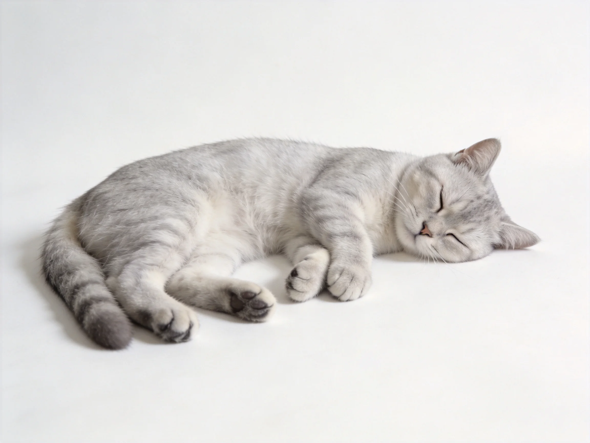 A gray tabby cat curls up asleep on a pristine white backdrop