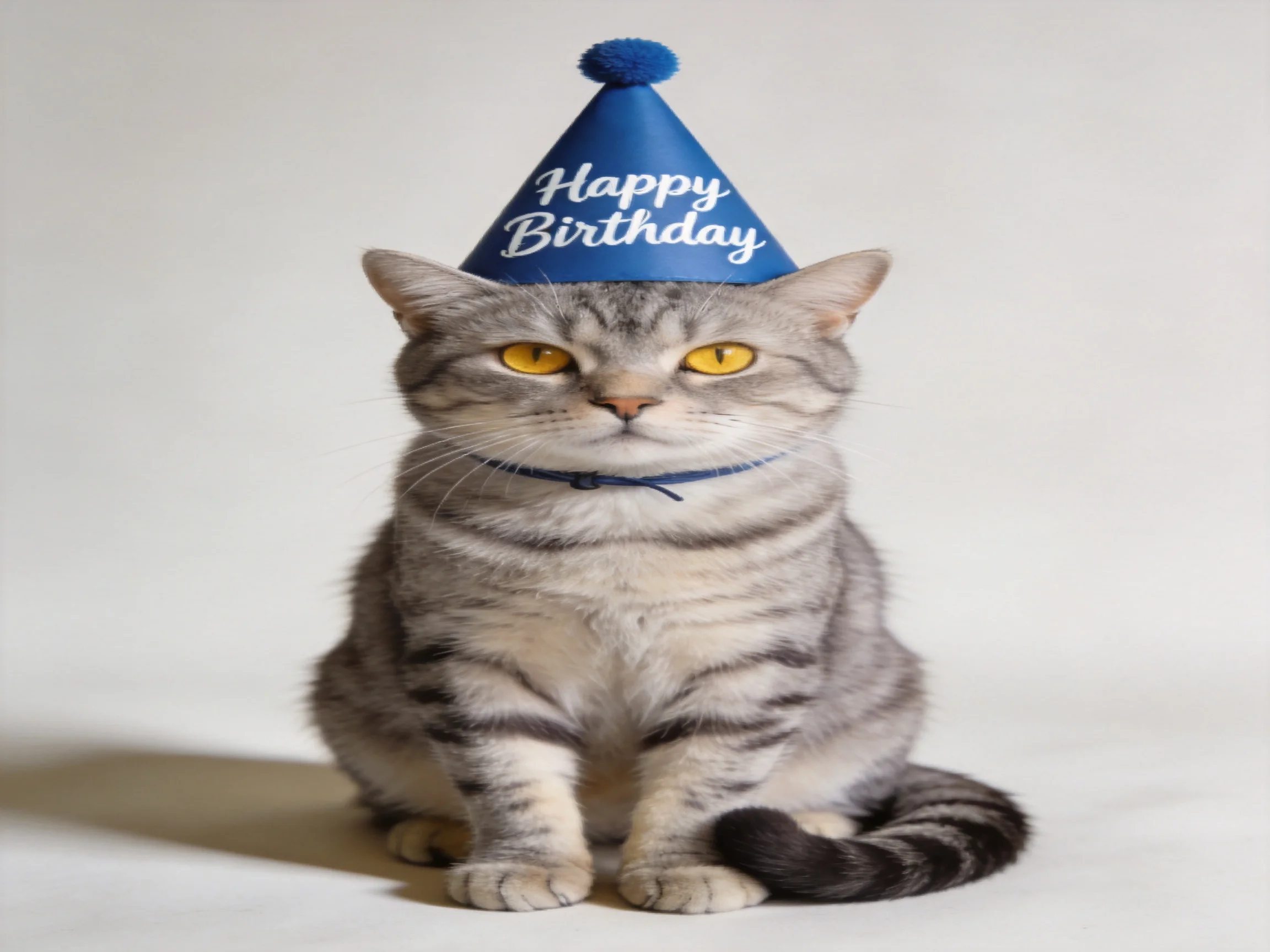 A gray tabby cat dons a blue birthday cone hat.