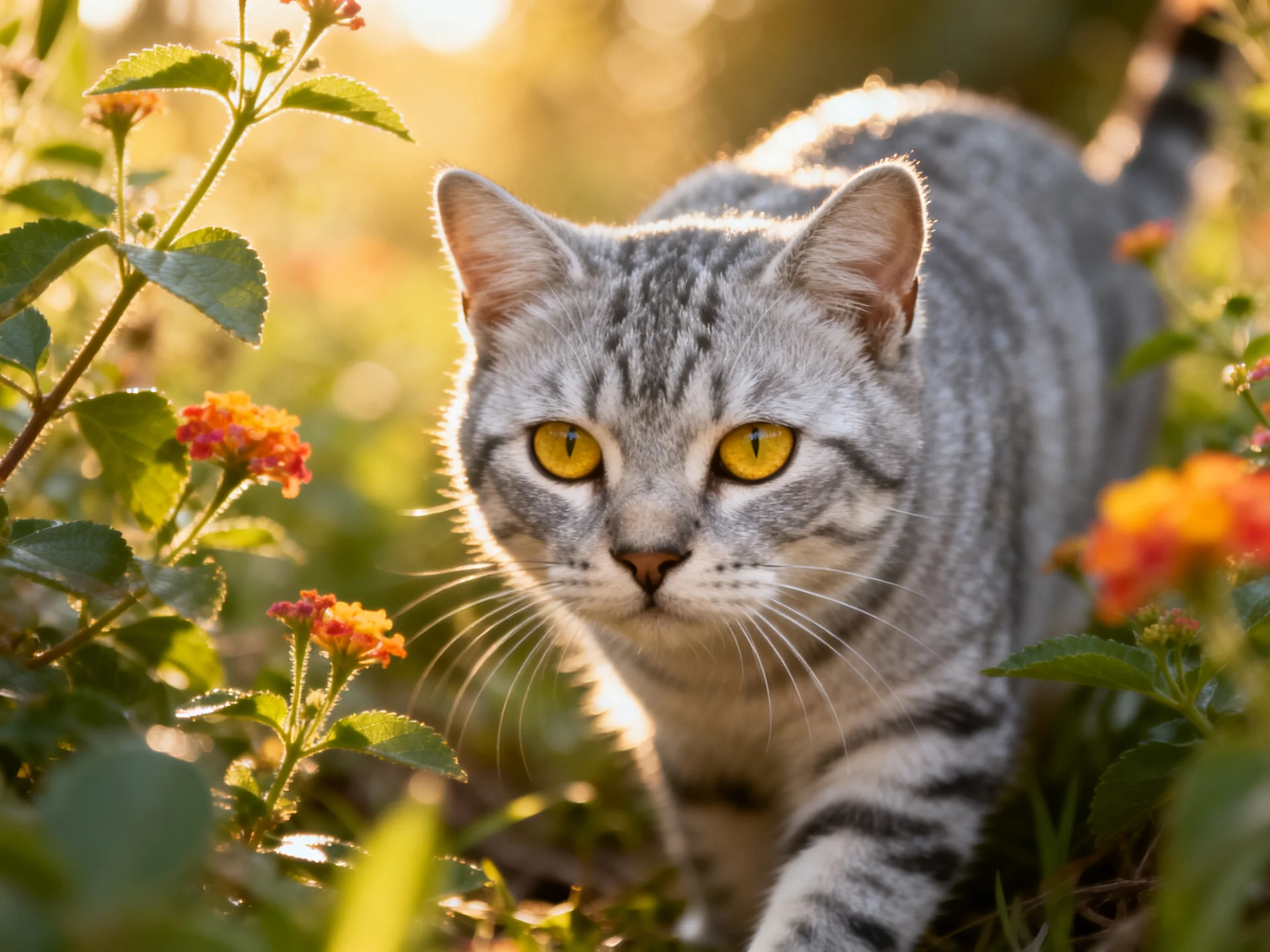 A gray tabby cat explores vibrant flower-filled foliage in golden light