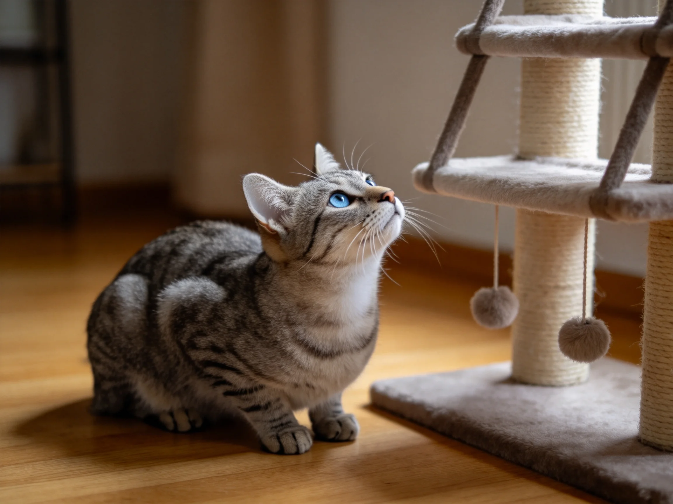 A gray tabby cat sits by a three - level scratching post on a wooden floor.