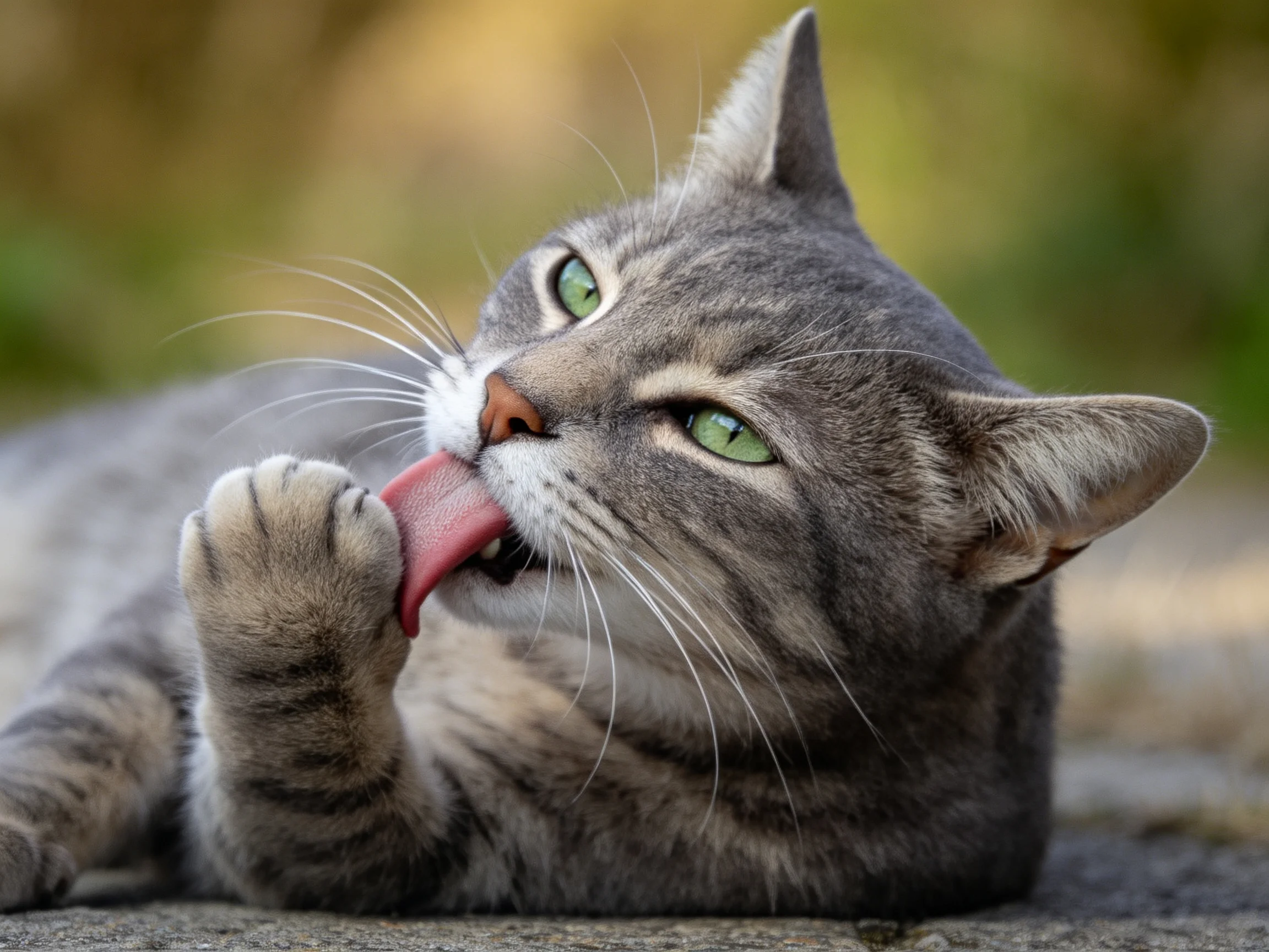 A gray tabby cat grooms itself with bright green eyes in a sunlit outdoor setting