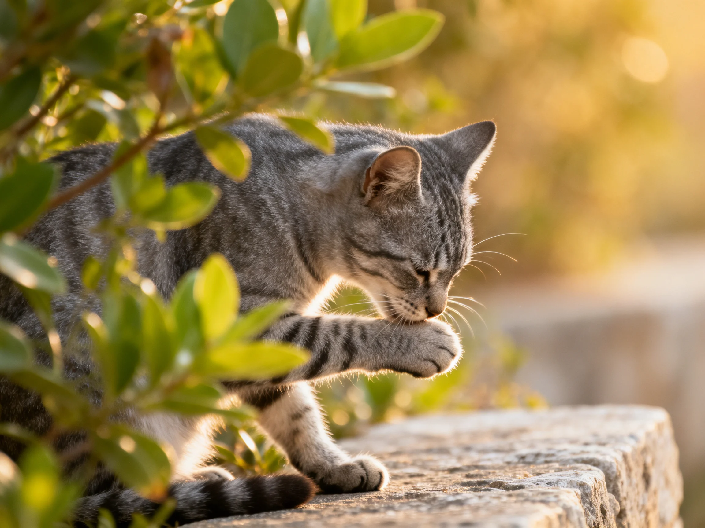A gray tabby cat grooms near green foliage on a stone ledge