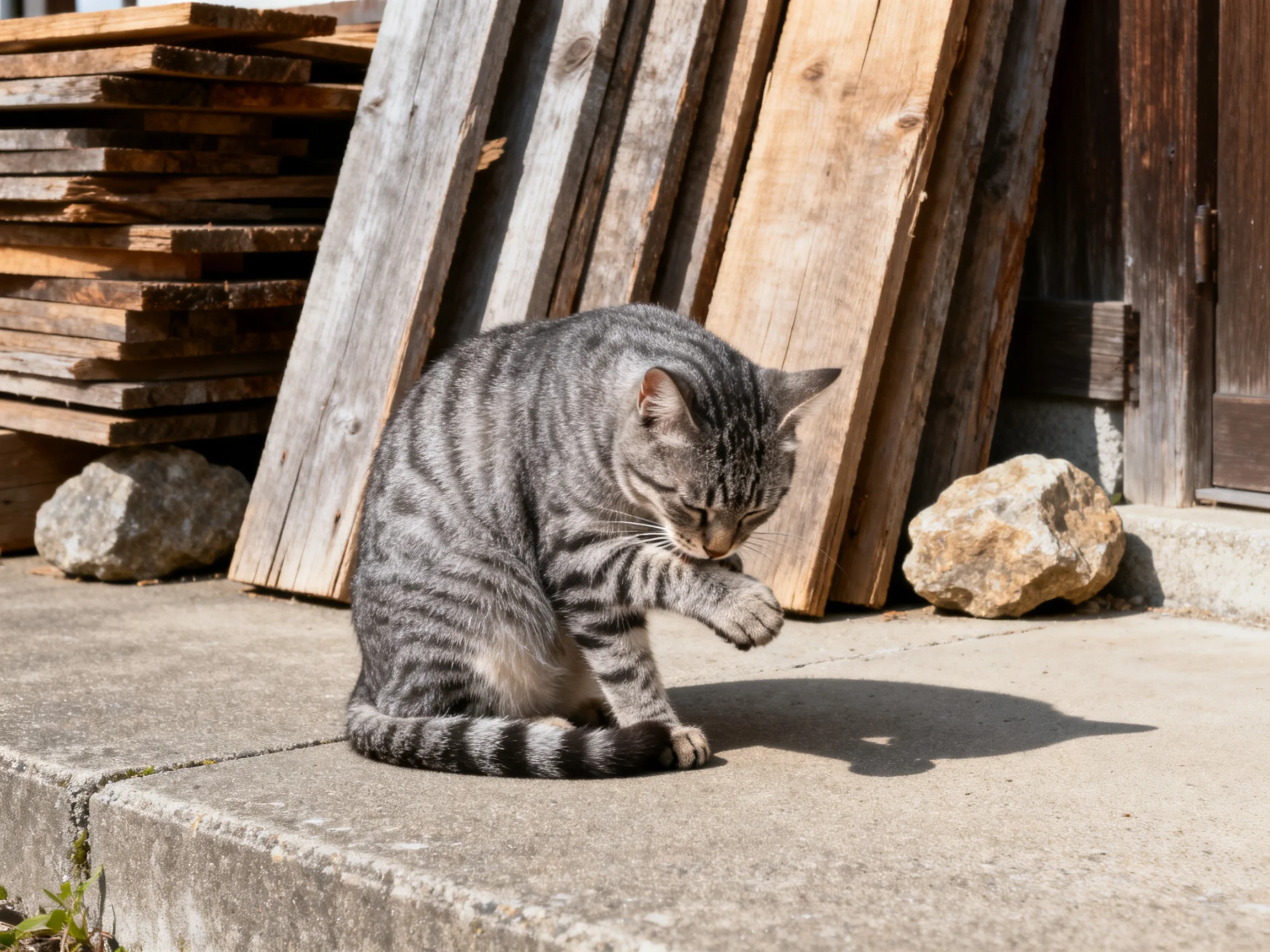 A gray tabby cat grooms near stacked wooden planks and rocks