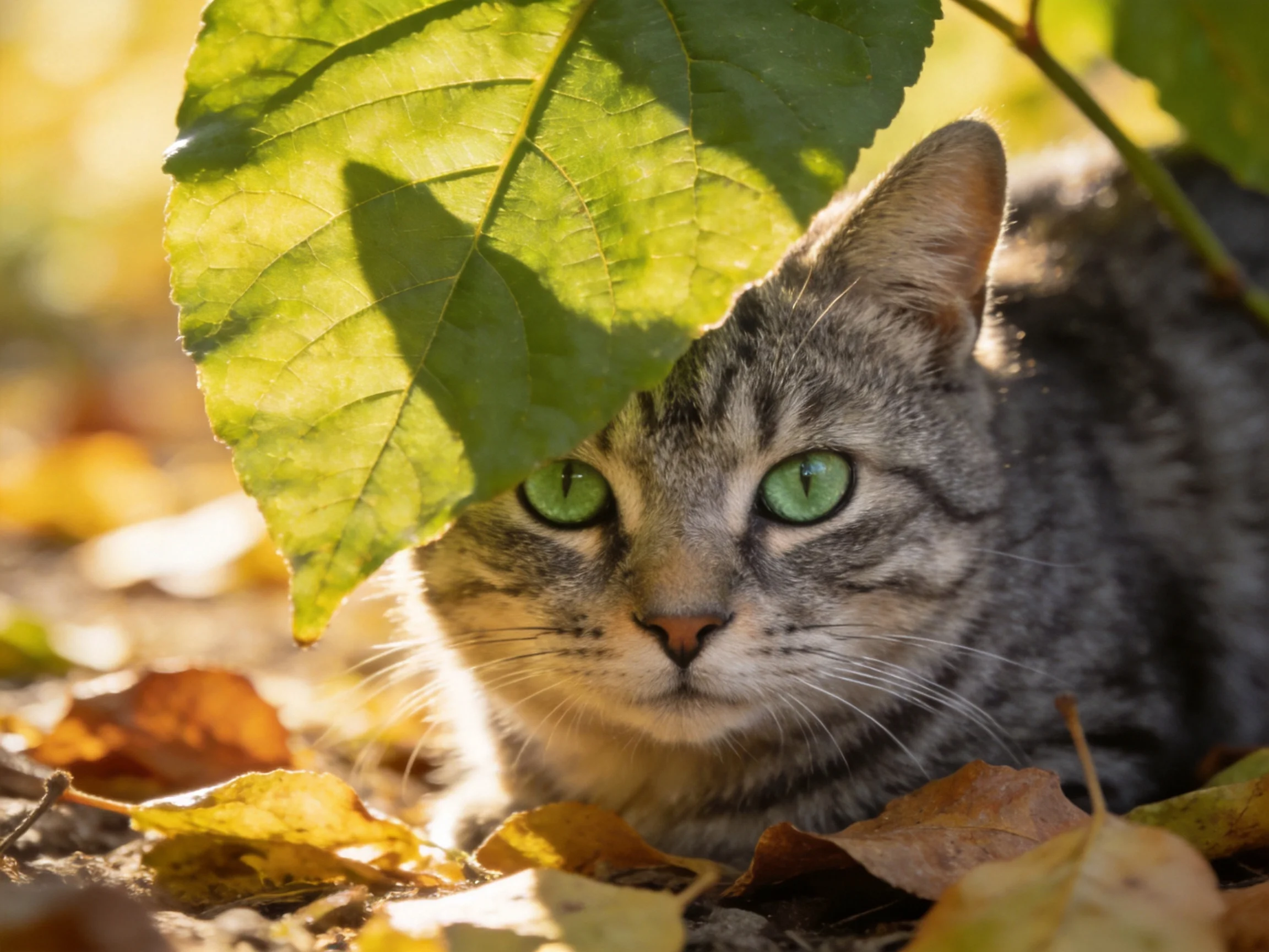 A gray tabby cat peeks from behind a leaf among autumn leaves