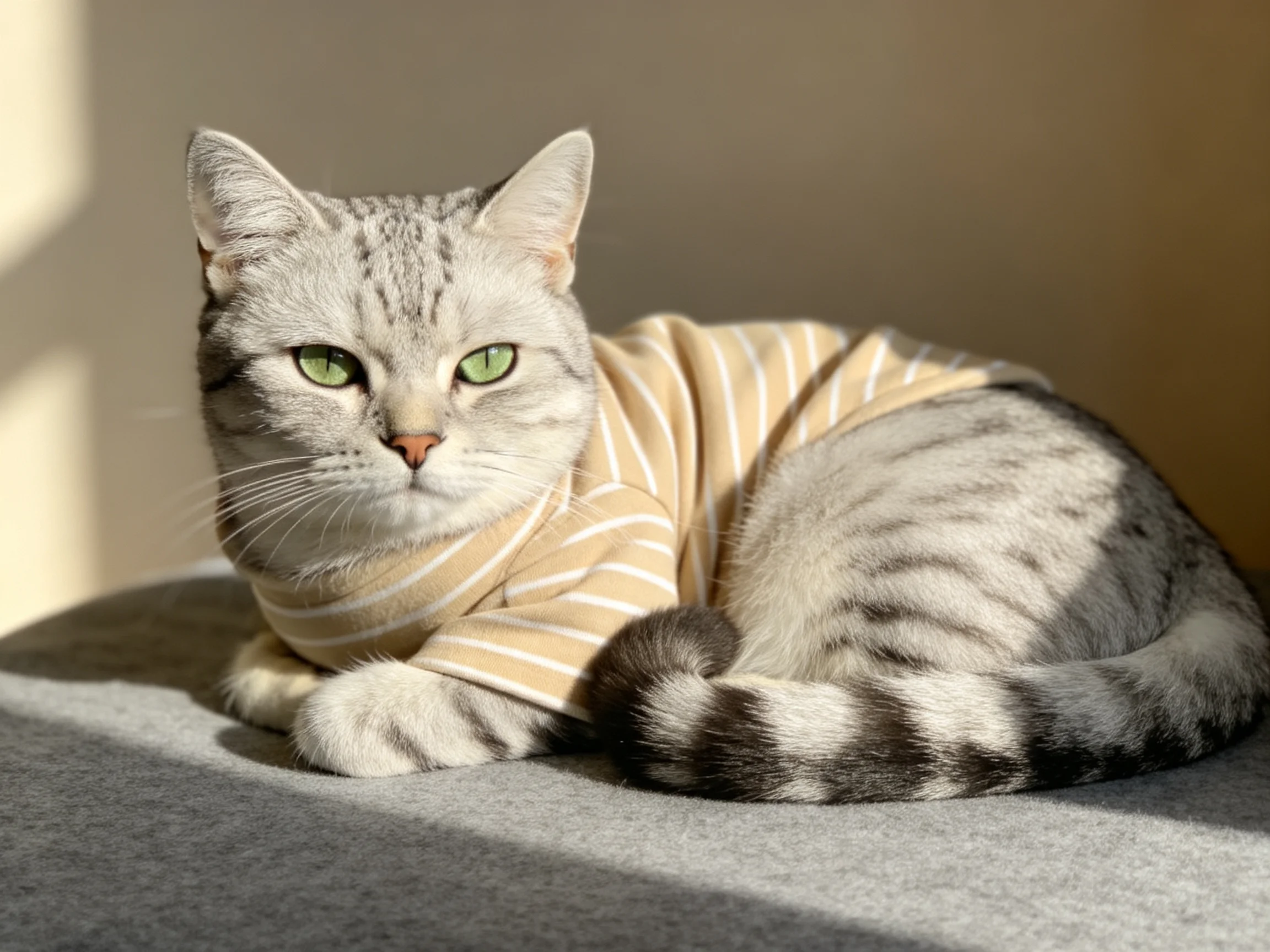 A gray tabby cat in a striped shirt rests on a soft surface.