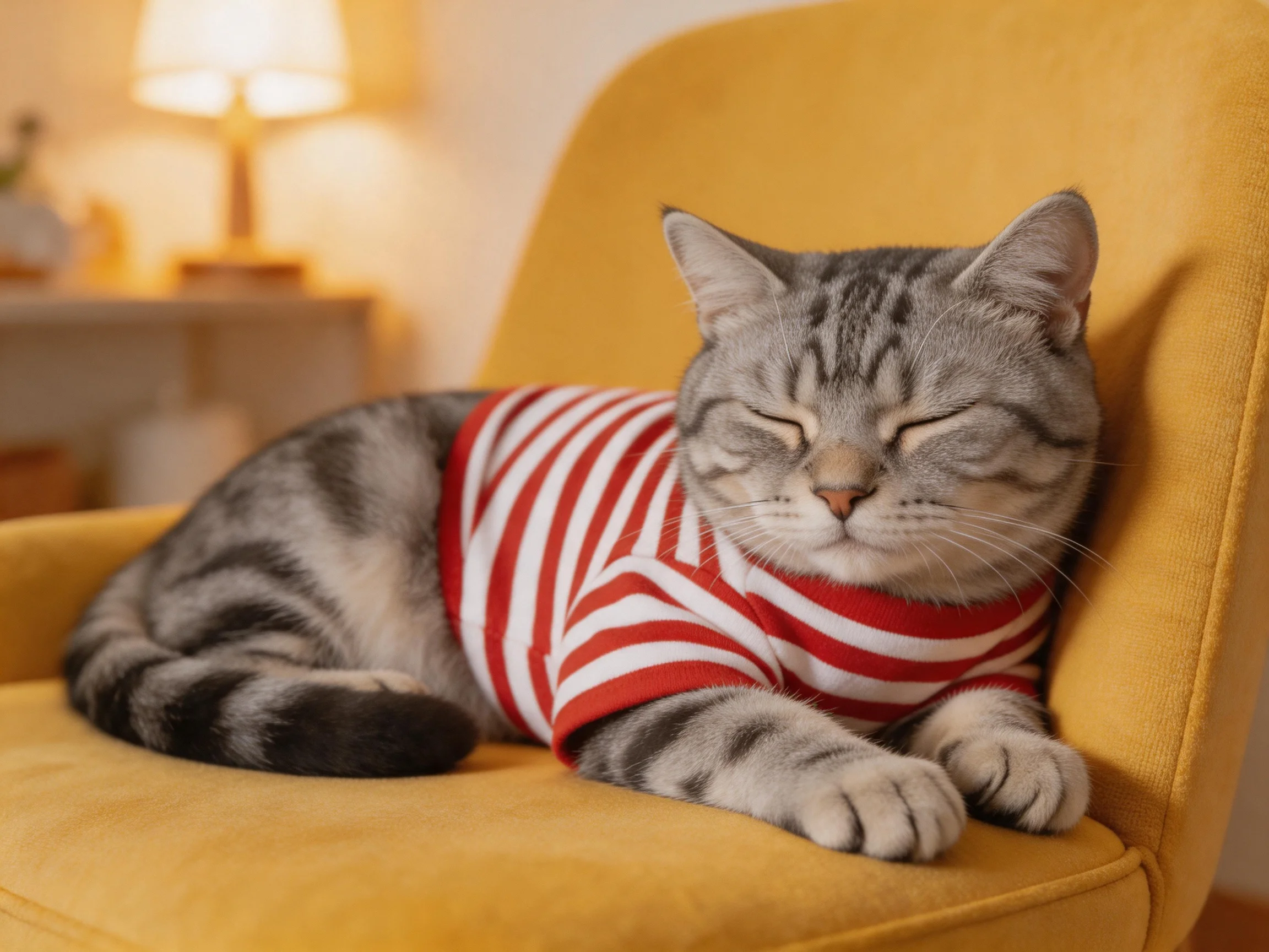 A gray tabby cat wearing a red-and-white striped shirt rests on a yellow chair