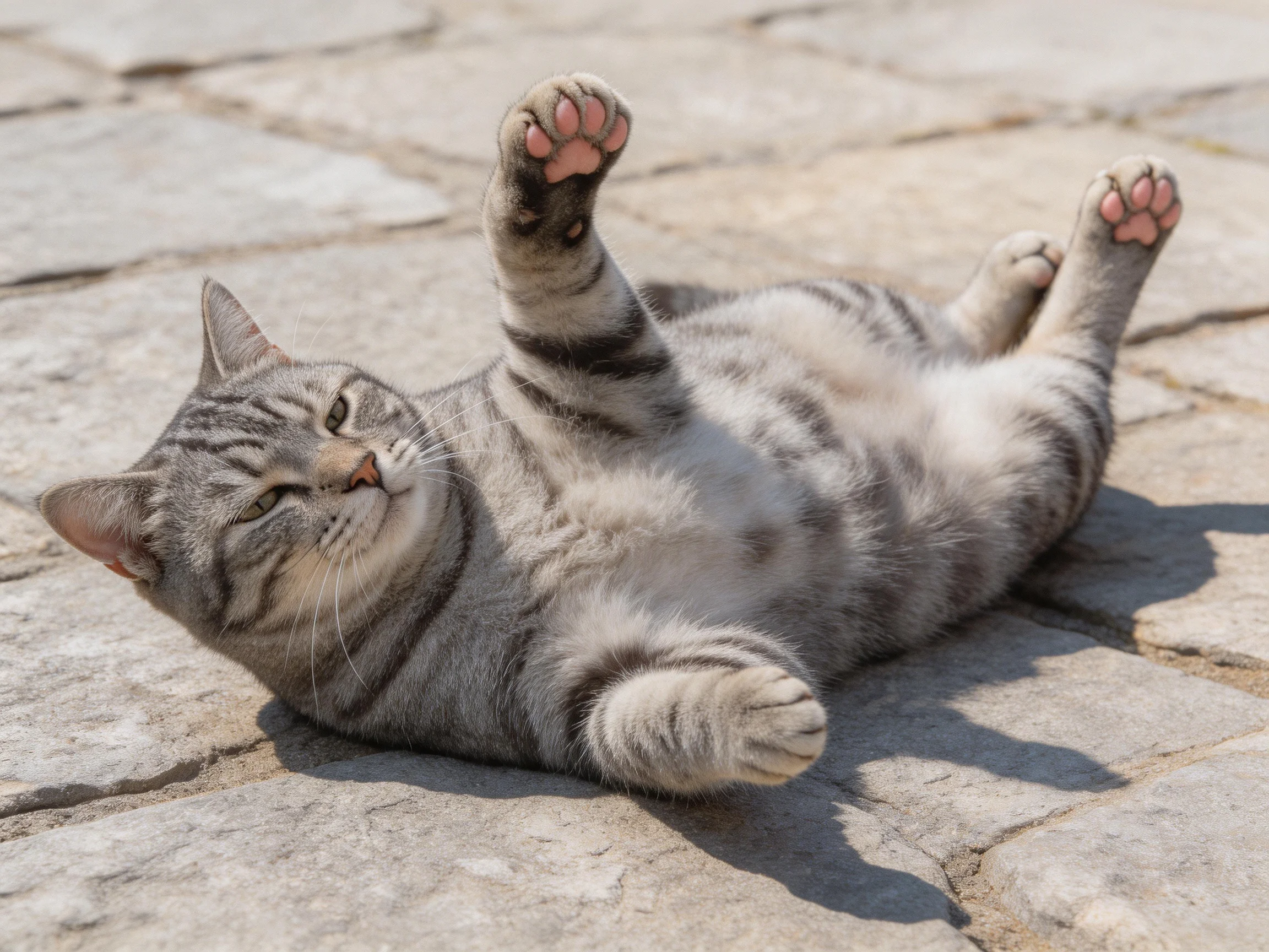 A gray tabby cat lies comfortably on textured stone pavement