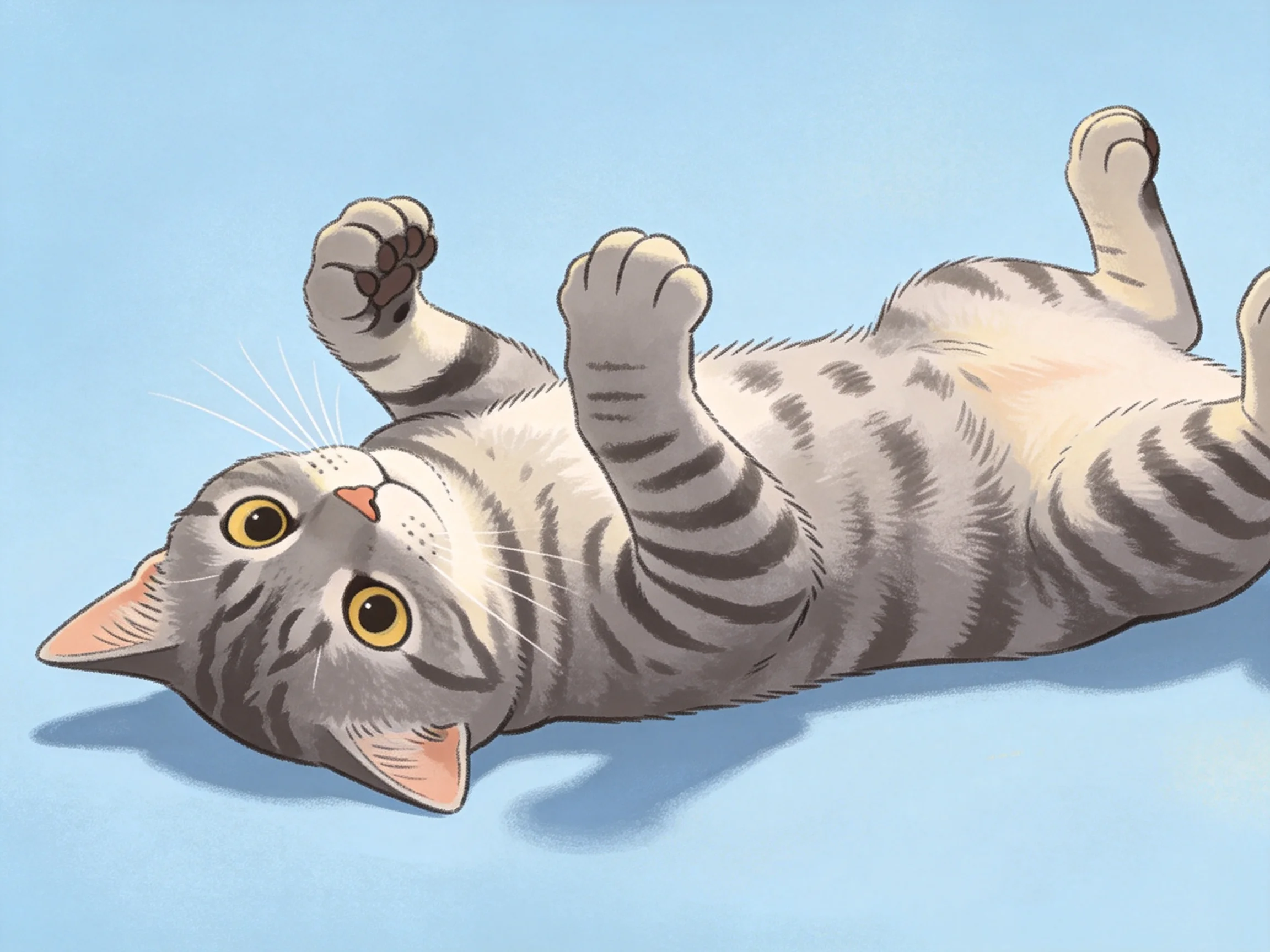 A gray tabby cat lies on its back with raised paws on a blue surface