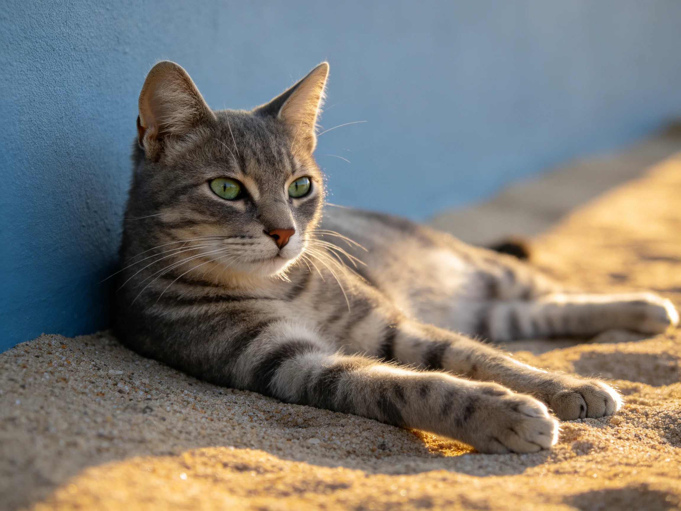 A gray tabby cat lounges against a blue wall on sandy ground