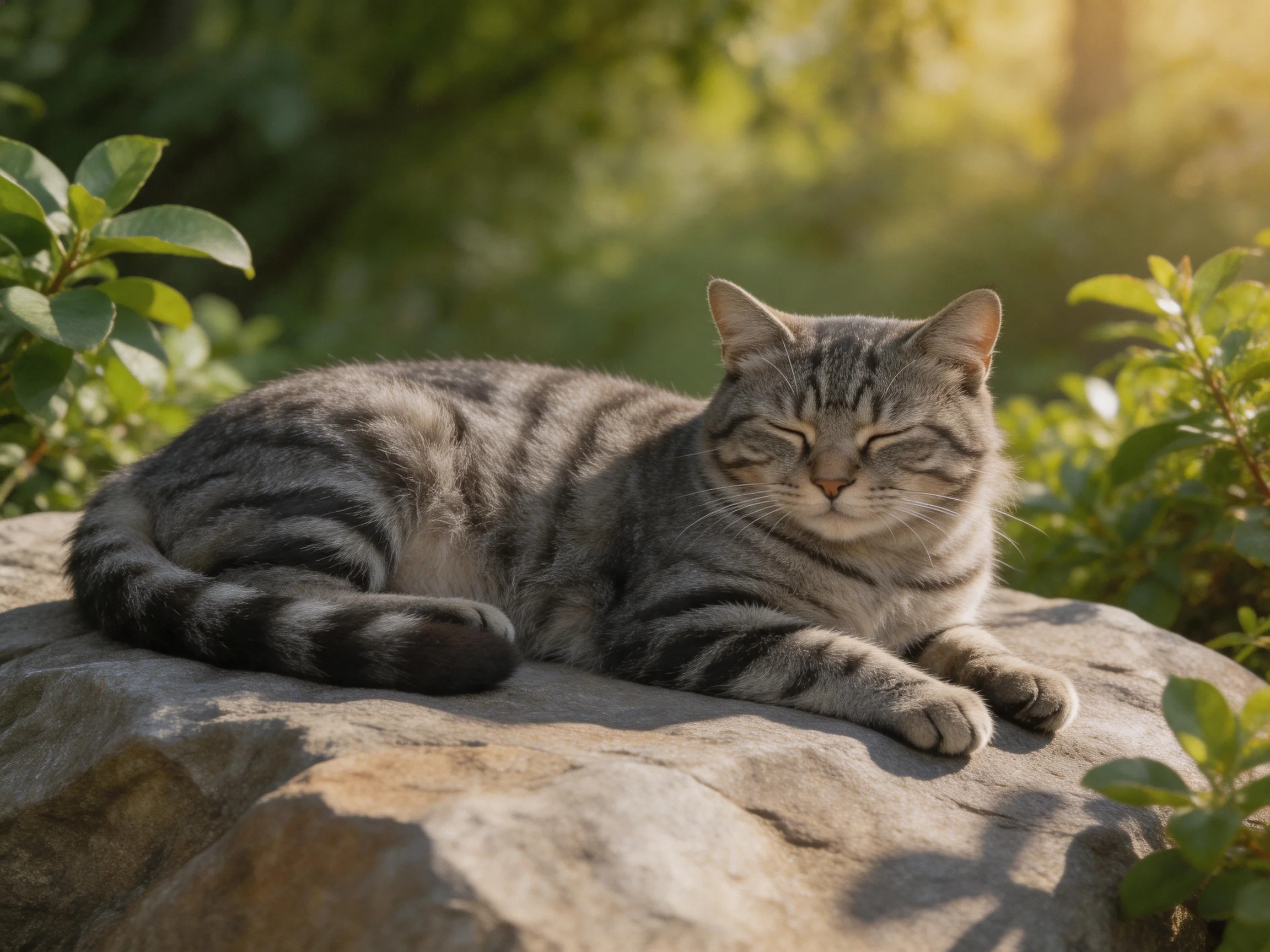 A gray tabby cat lounges on a large stone amid greenery