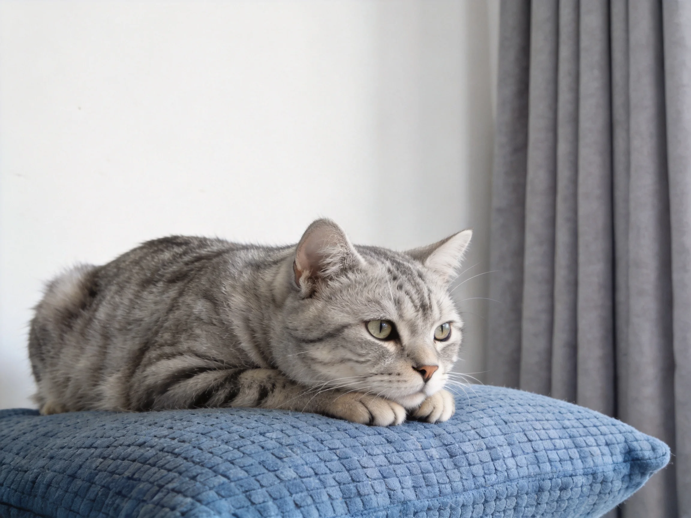 A gray tabby cat lounges on a quilted blue cushion near gray curtains