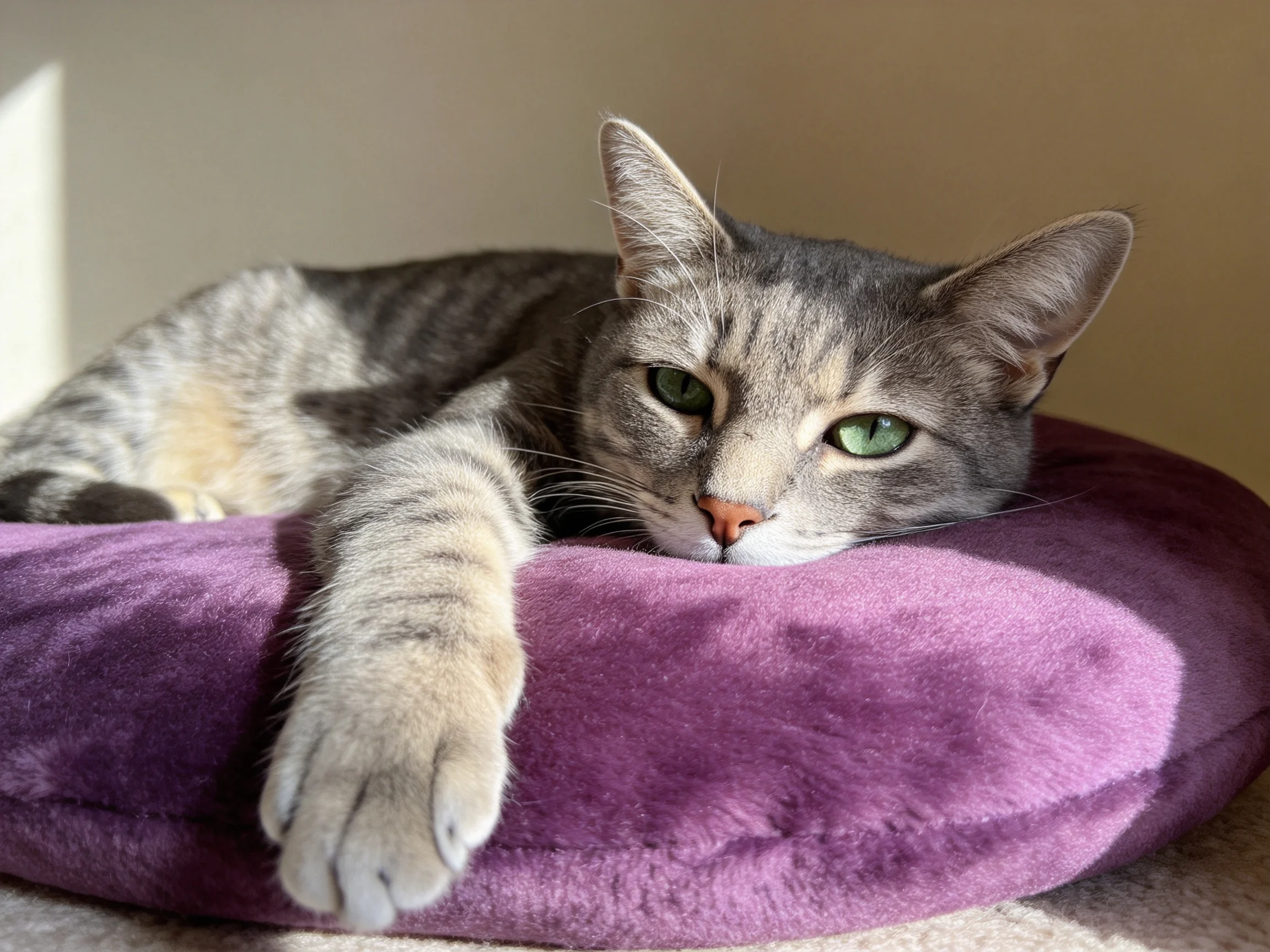 A gray tabby cat relaxes on a soft purple cushion indoors.