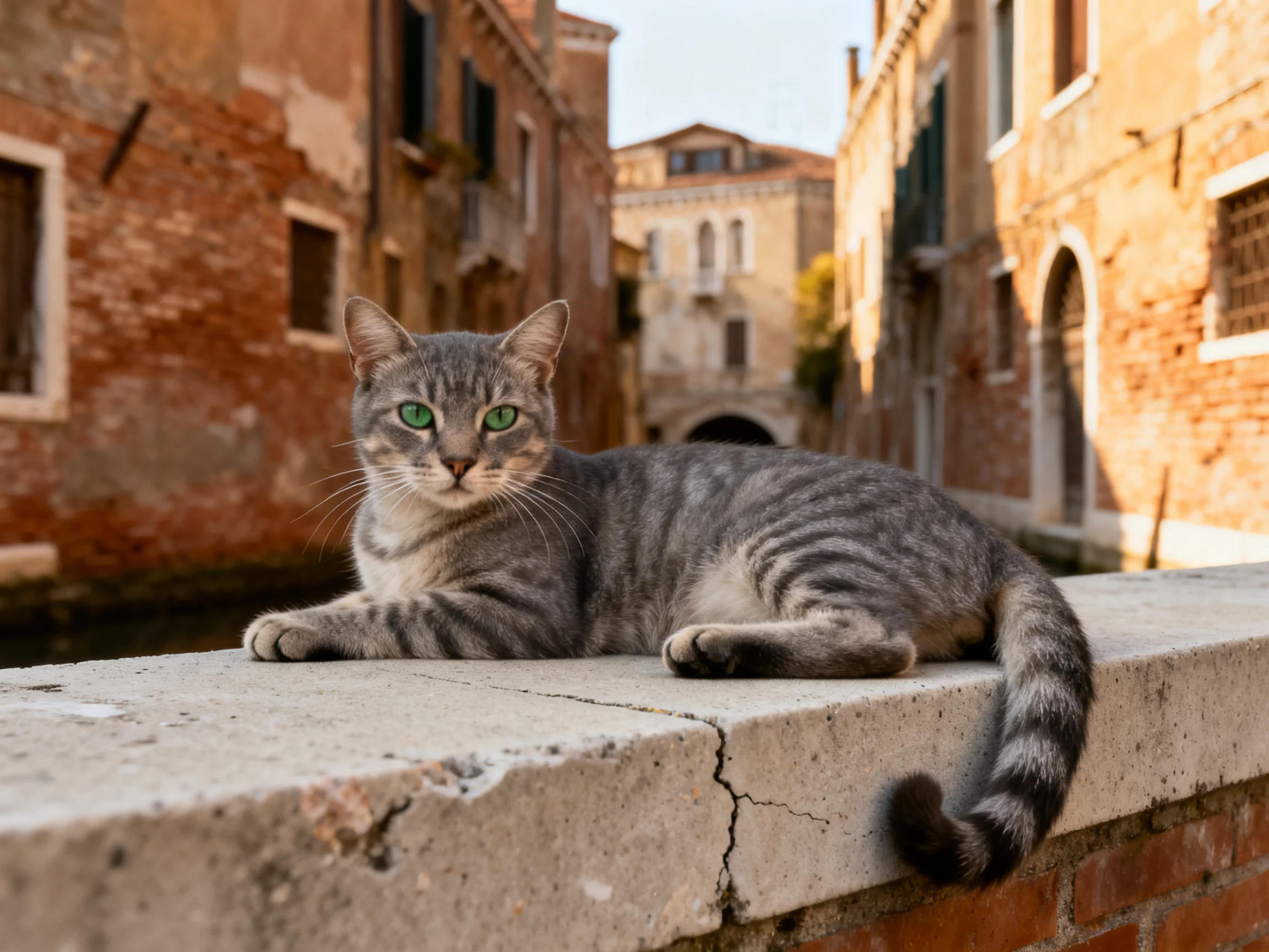 A gray tabby cat rests on a stone ledge beside historic brick buildings.