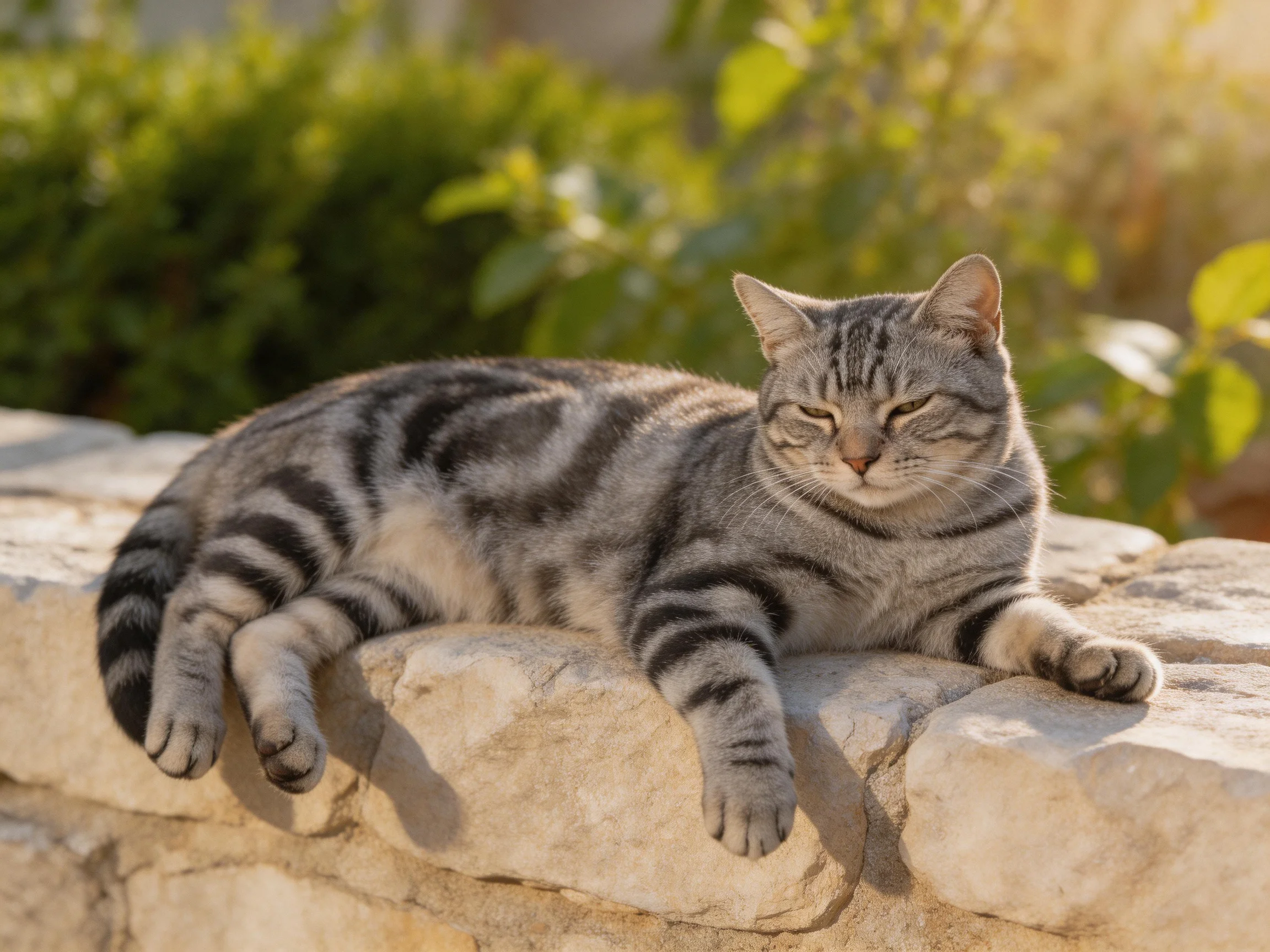 A gray tabby cat rests on a stone wall amid greenery under sunlight