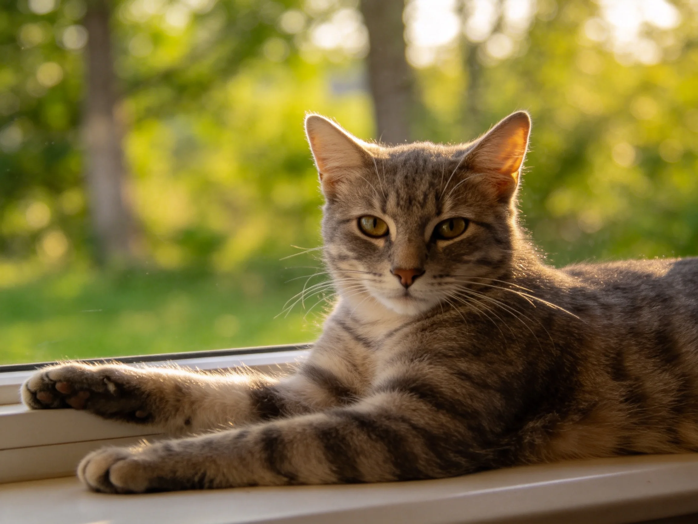 A gray tabby cat rests on a sunlit windowsill with a forest view