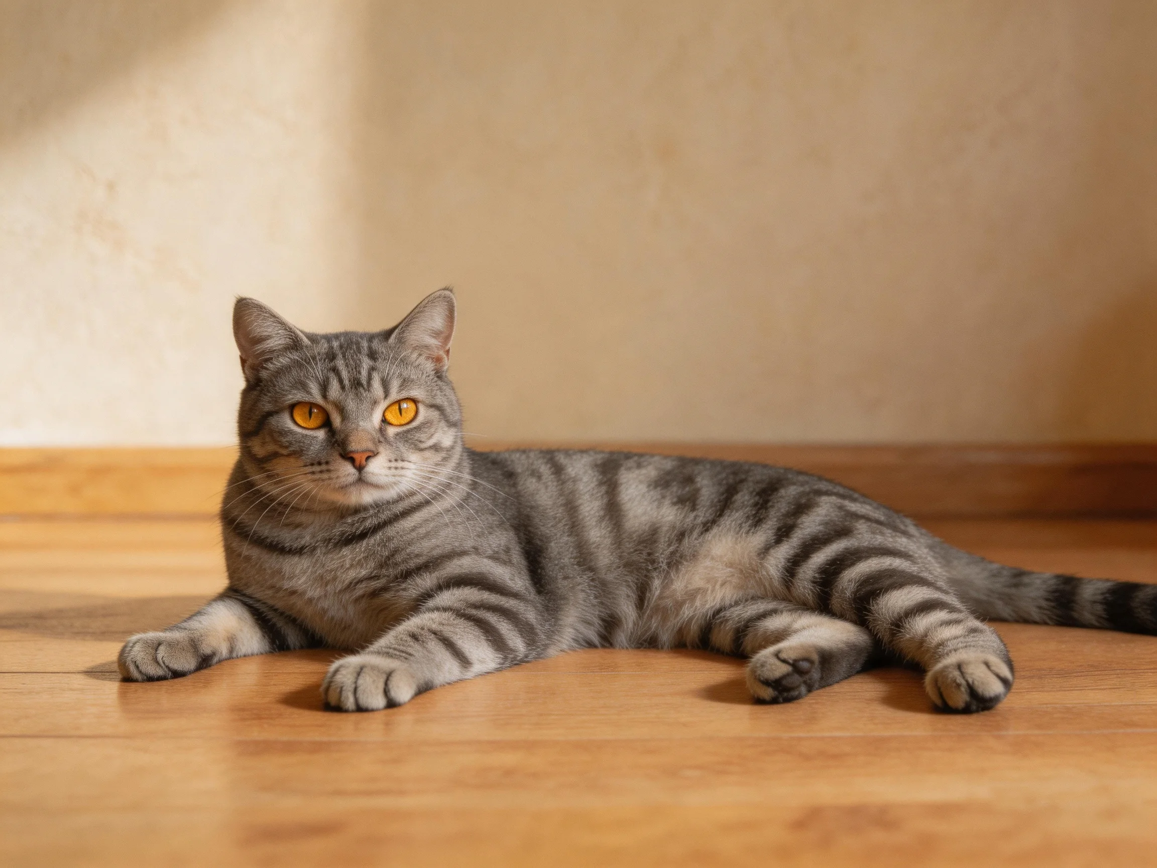 A gray tabby cat relaxes on a wooden floor in a room with a beige wall.