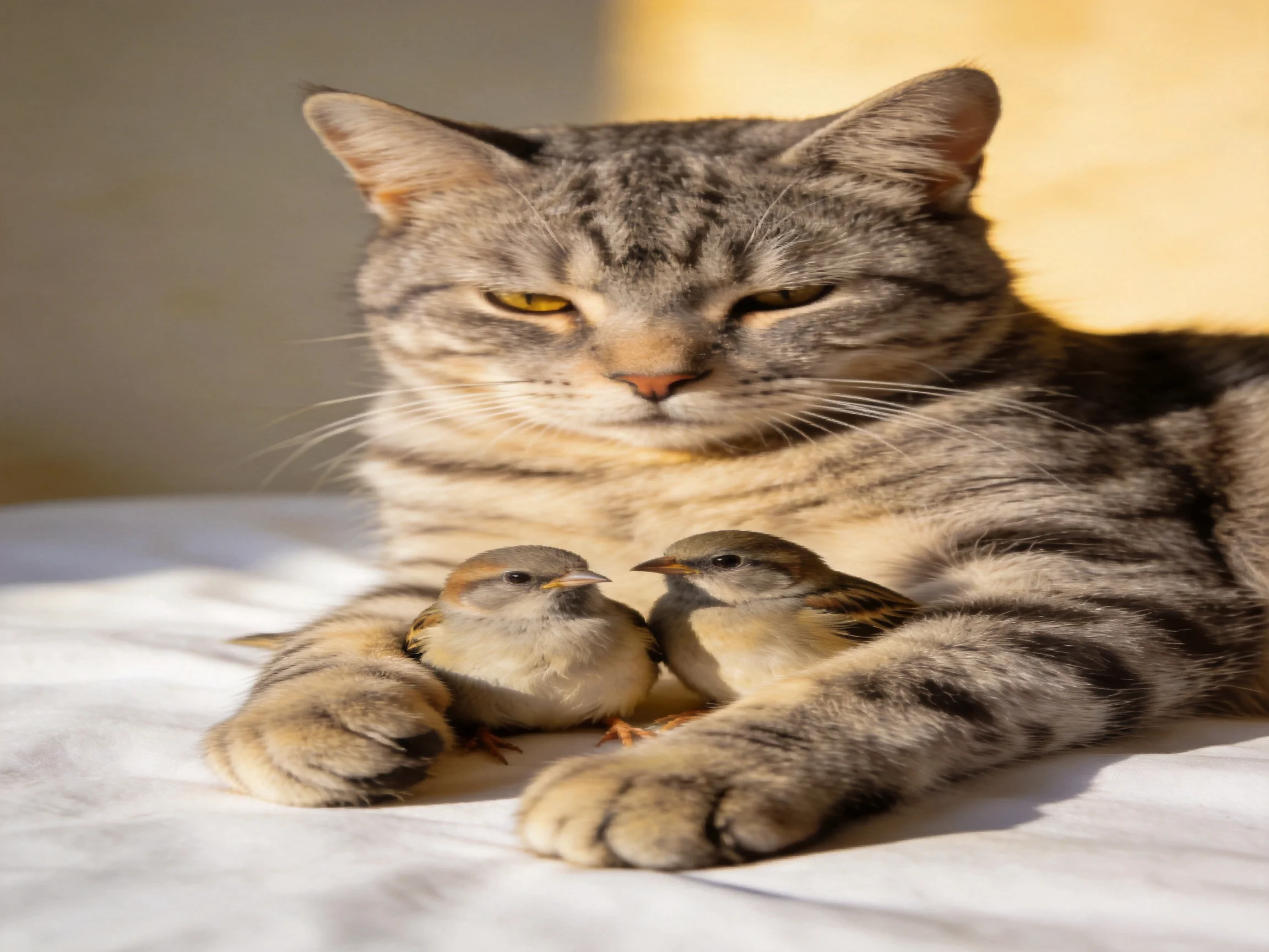 A gray tabby cat sits calmly with two small brown birds on a white surface.
