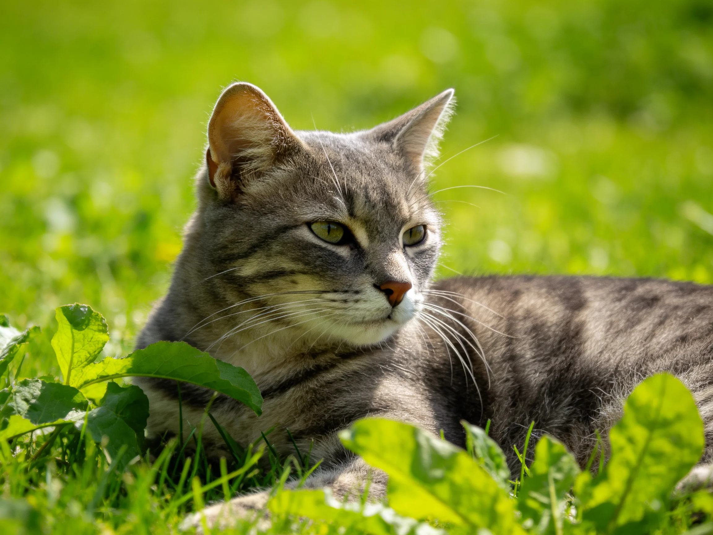 A gray tabby cat lounging in vibrant green grass under sunny skies