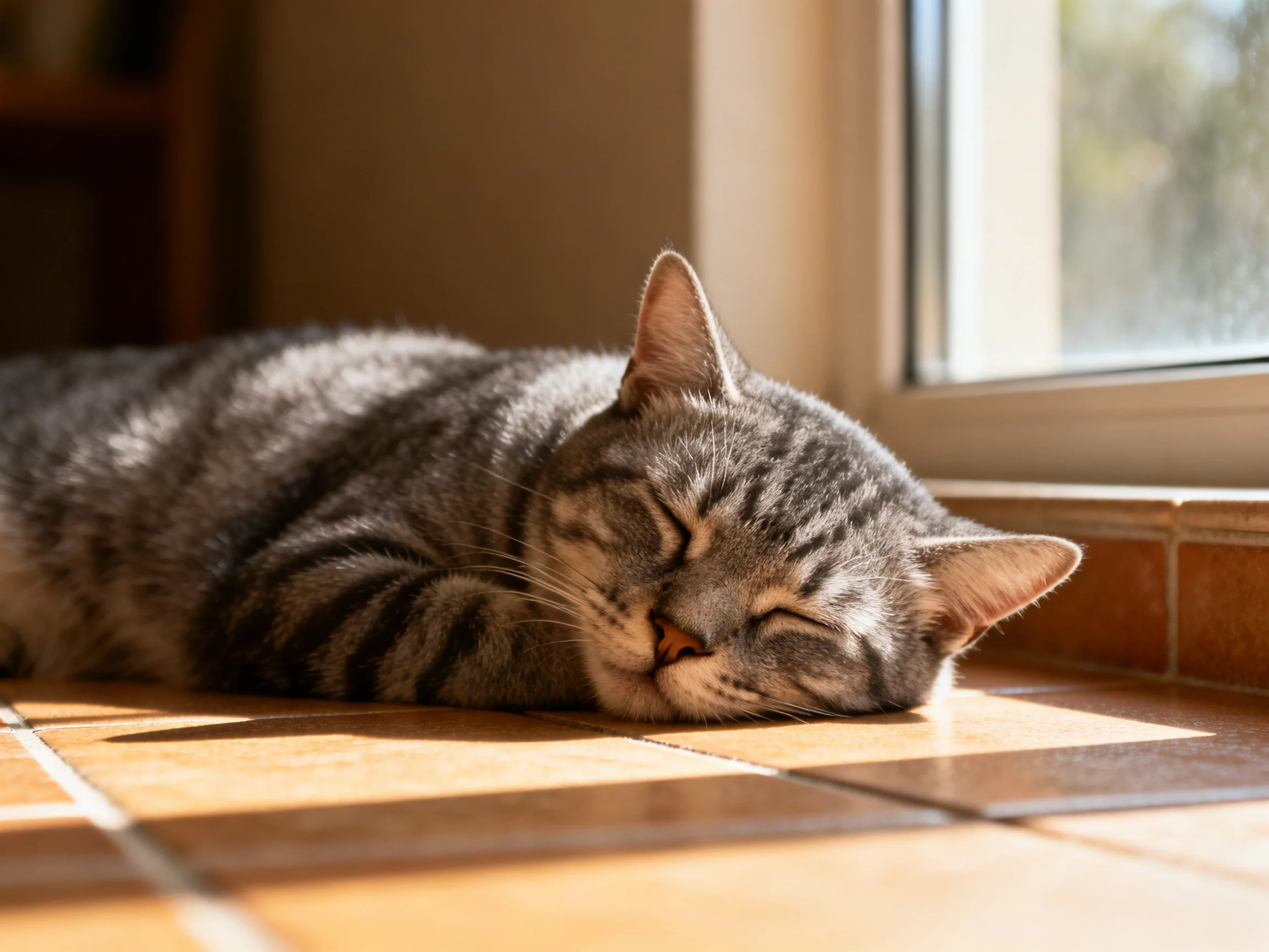 A gray tabby cat naps by a sunlit window with tiled flooring