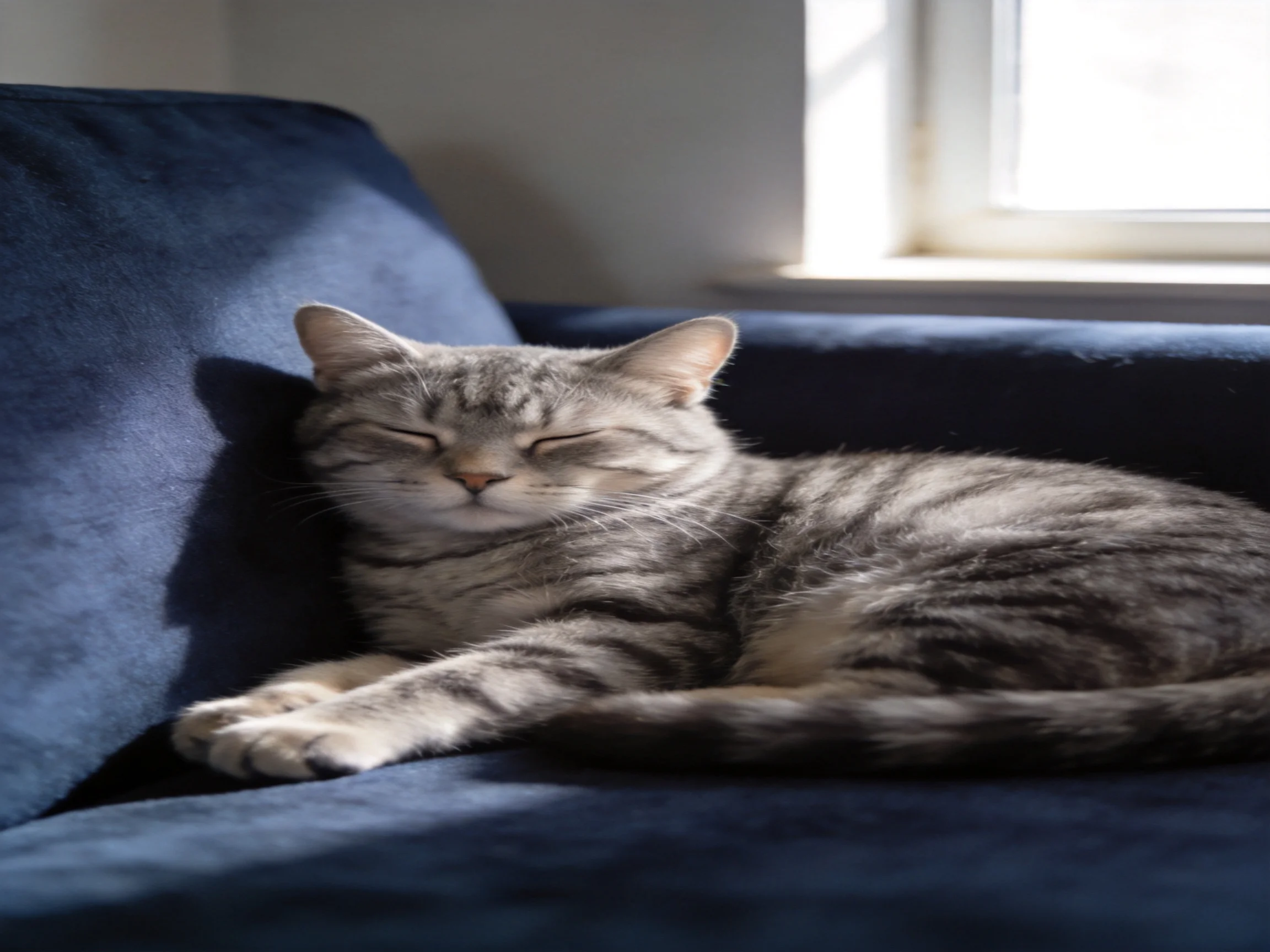 A gray tabby cat rests on a dark blue couch beside a bright window