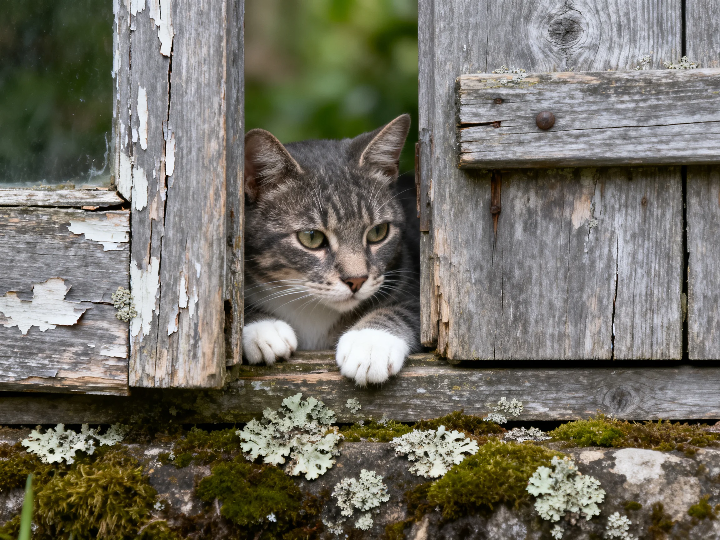 A gray tabby cat peers from a weathered wooden window with mossy ledge