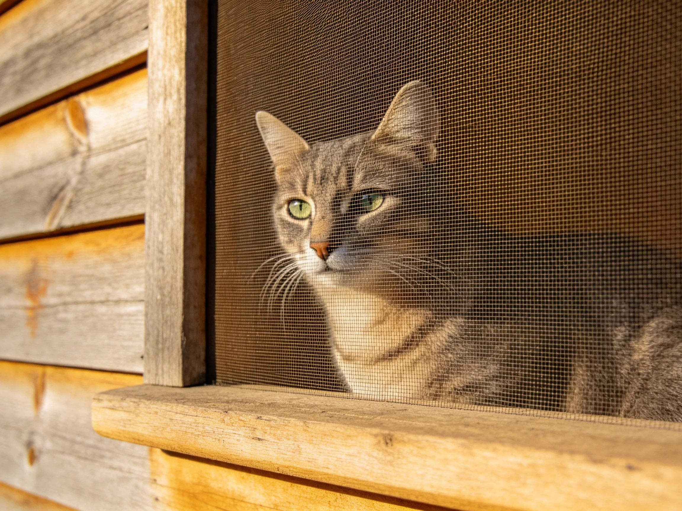 A gray tabby cat peers through a mesh screen near weathered wood