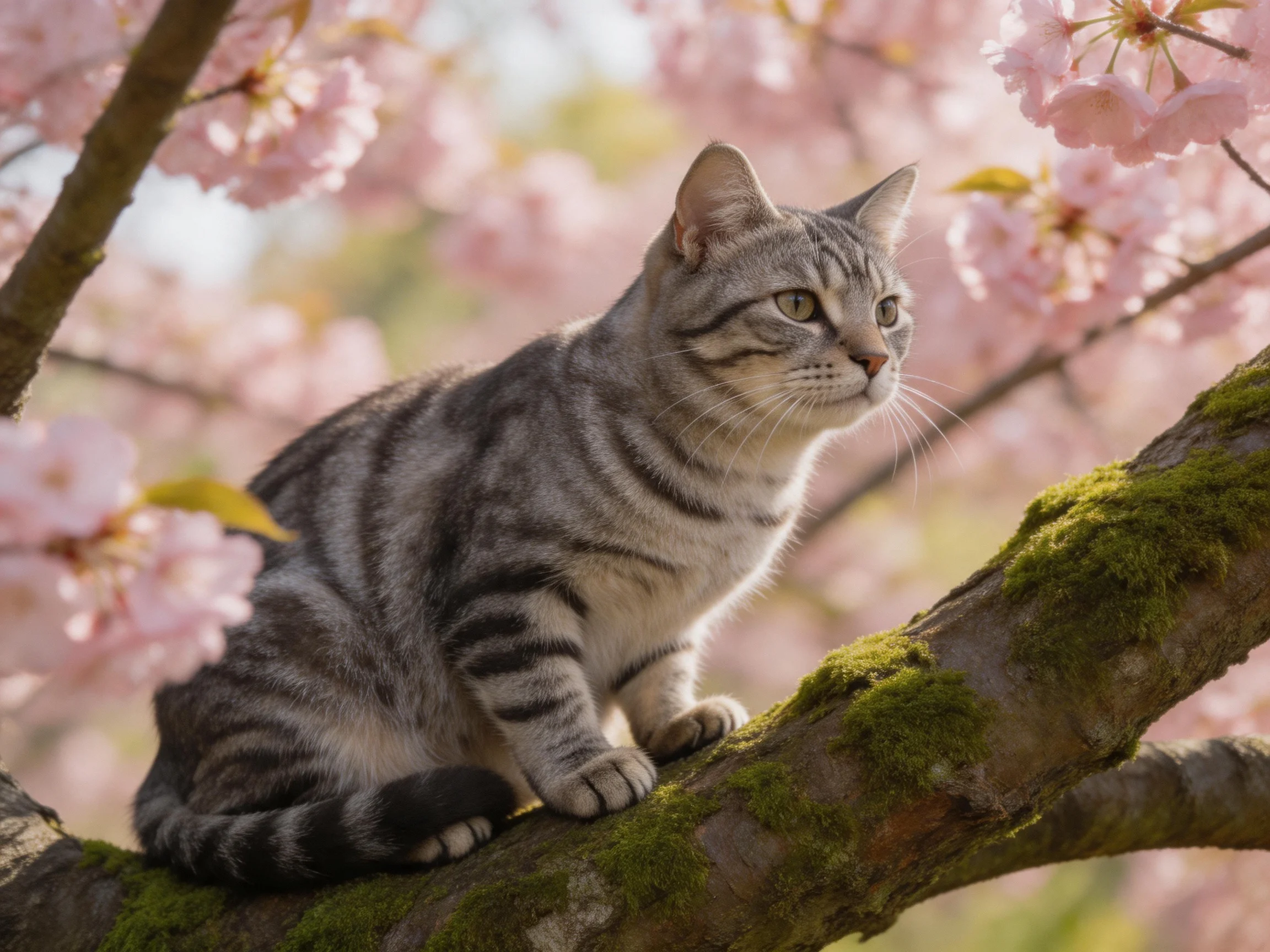 A gray tabby cat perched on a moss-covered branch amid pink cherry blossoms